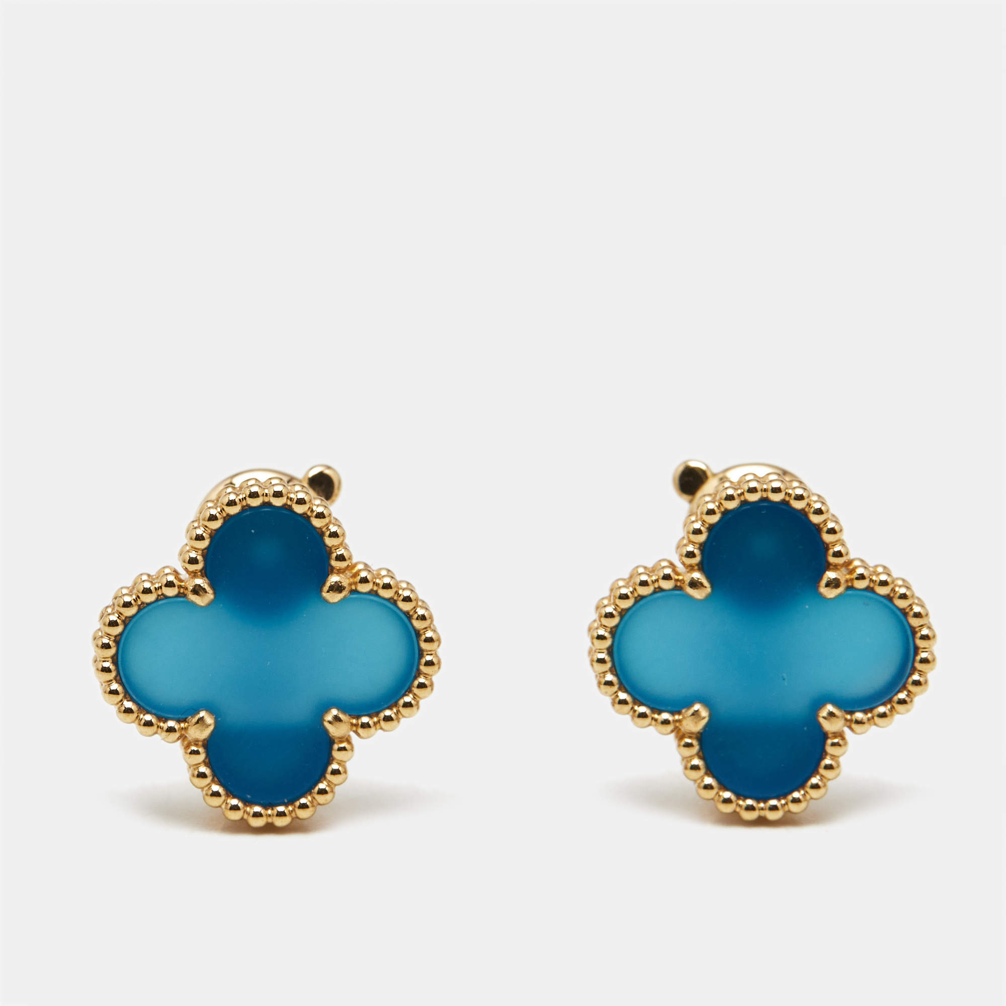 Pre Owned Van Cleef & Arpels Vintage Alhambra Agate 18k Yellow Gold Earrings