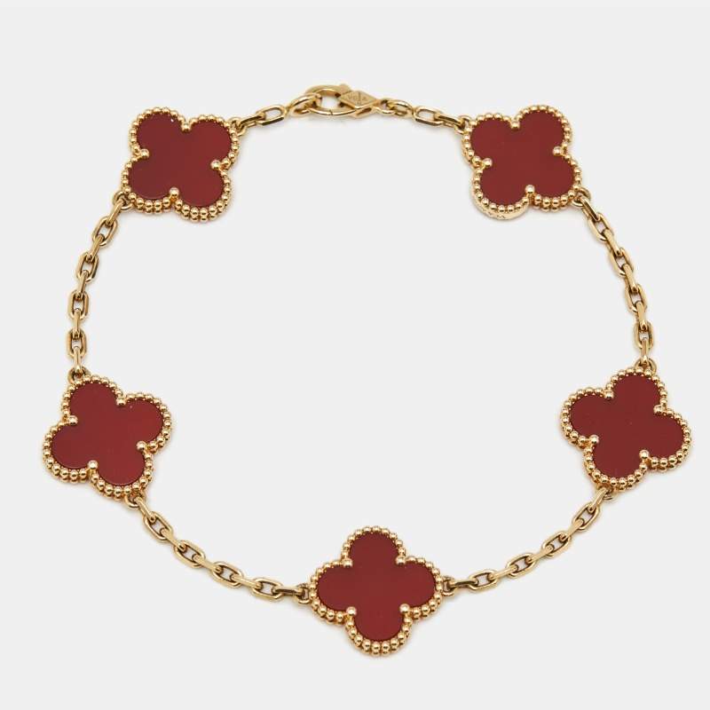 Pre Owned Van Cleef & Arpels Vintage Alhambra Carnelian 18k Yellow Gold 5 Motif Station Bracelet