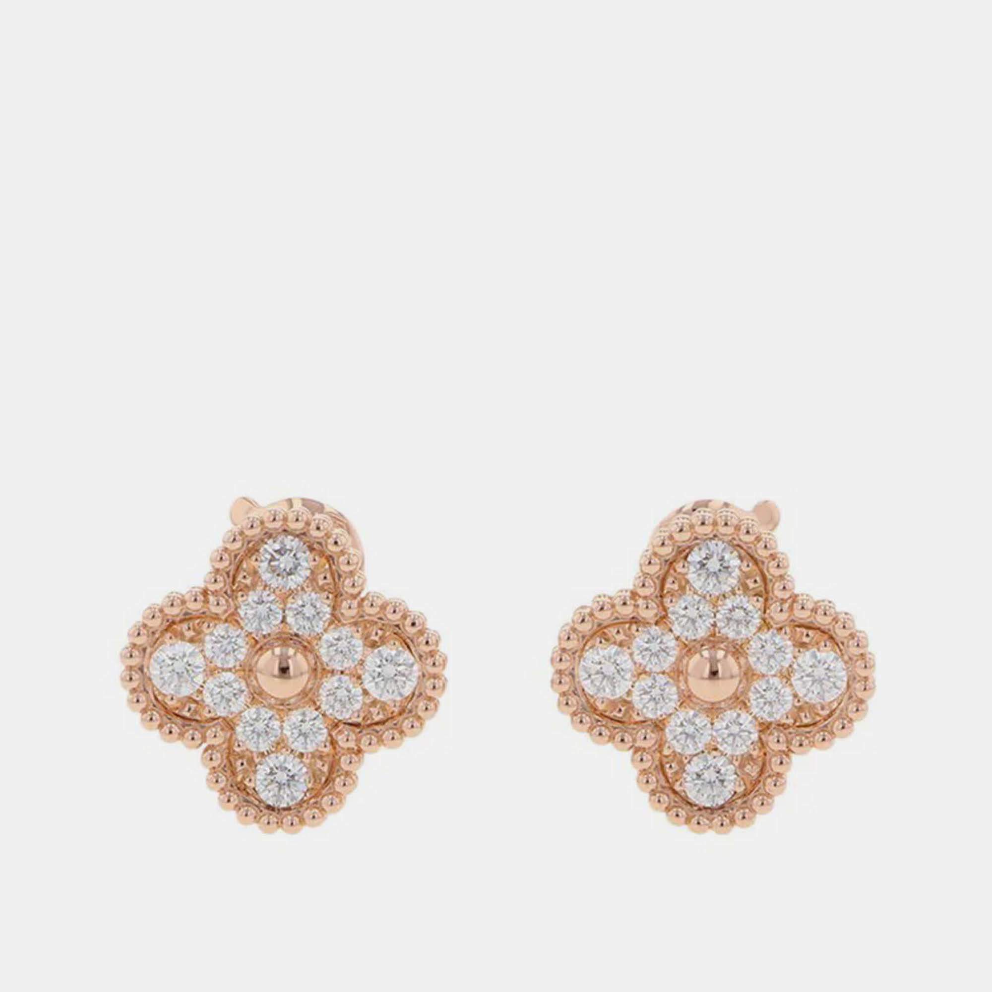 Pre Owned Van Cleef & Arpels Vintage Alhambra Diamond 18K Rose Gold Earrings