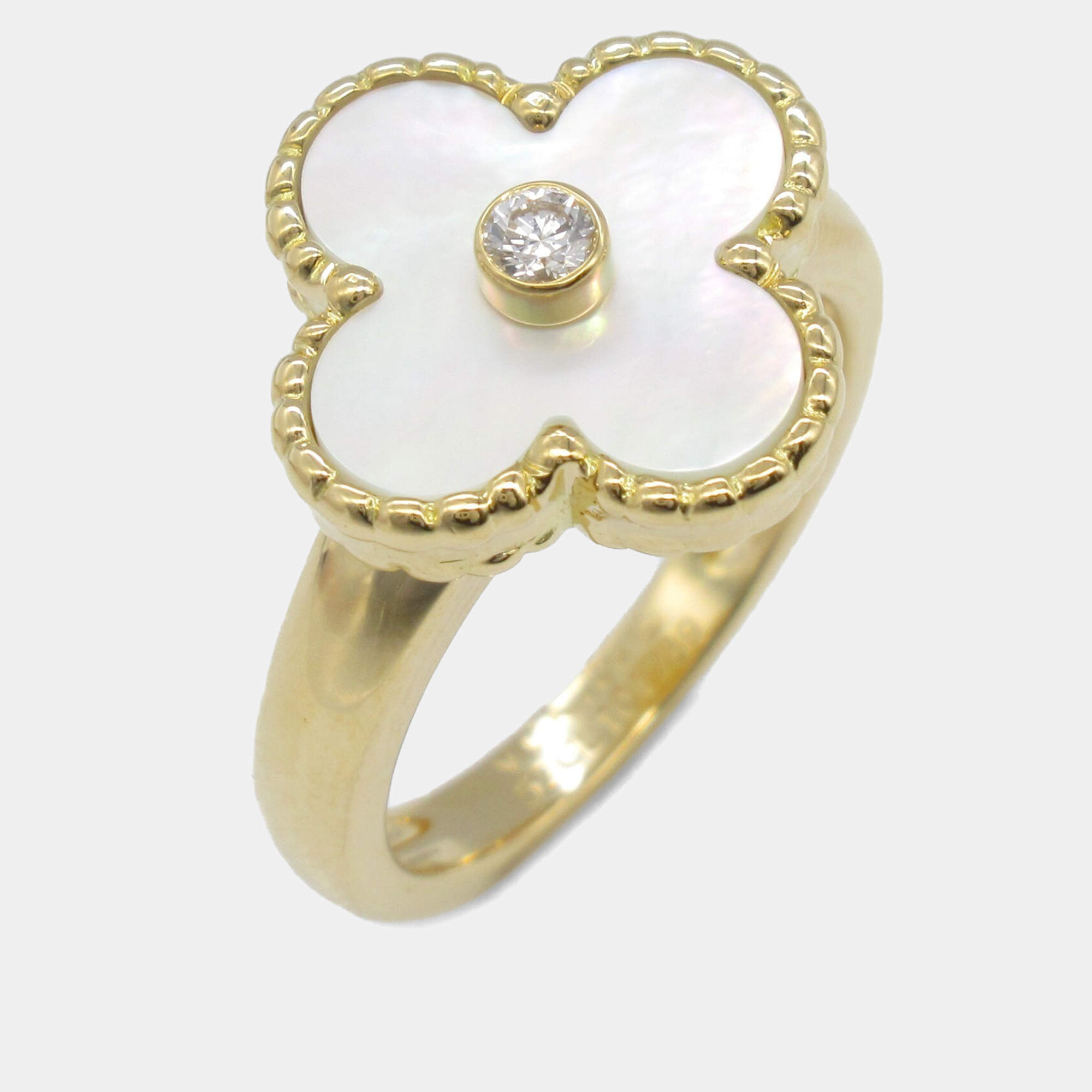 Pre Owned Van Cleef & Arpels Vintage Alhambra 18K Yellow Gold, Diamond, Mother of Pearl Ring EU 49