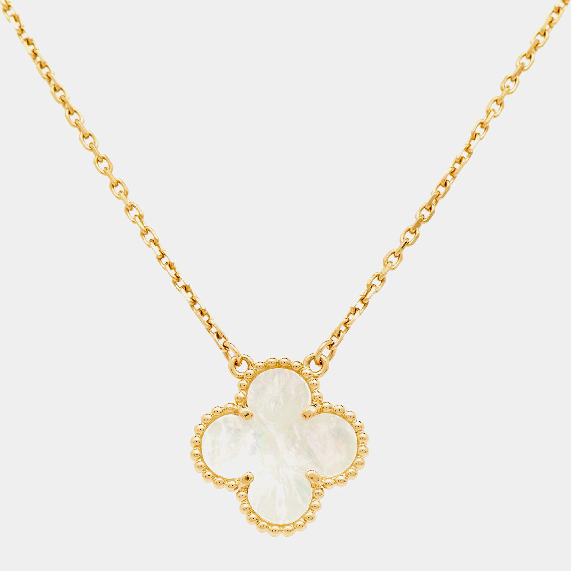 Pre Owned Van Cleef & Arpels Vintage Alhambra Mother of Pearl 18k Yellow Gold Necklace