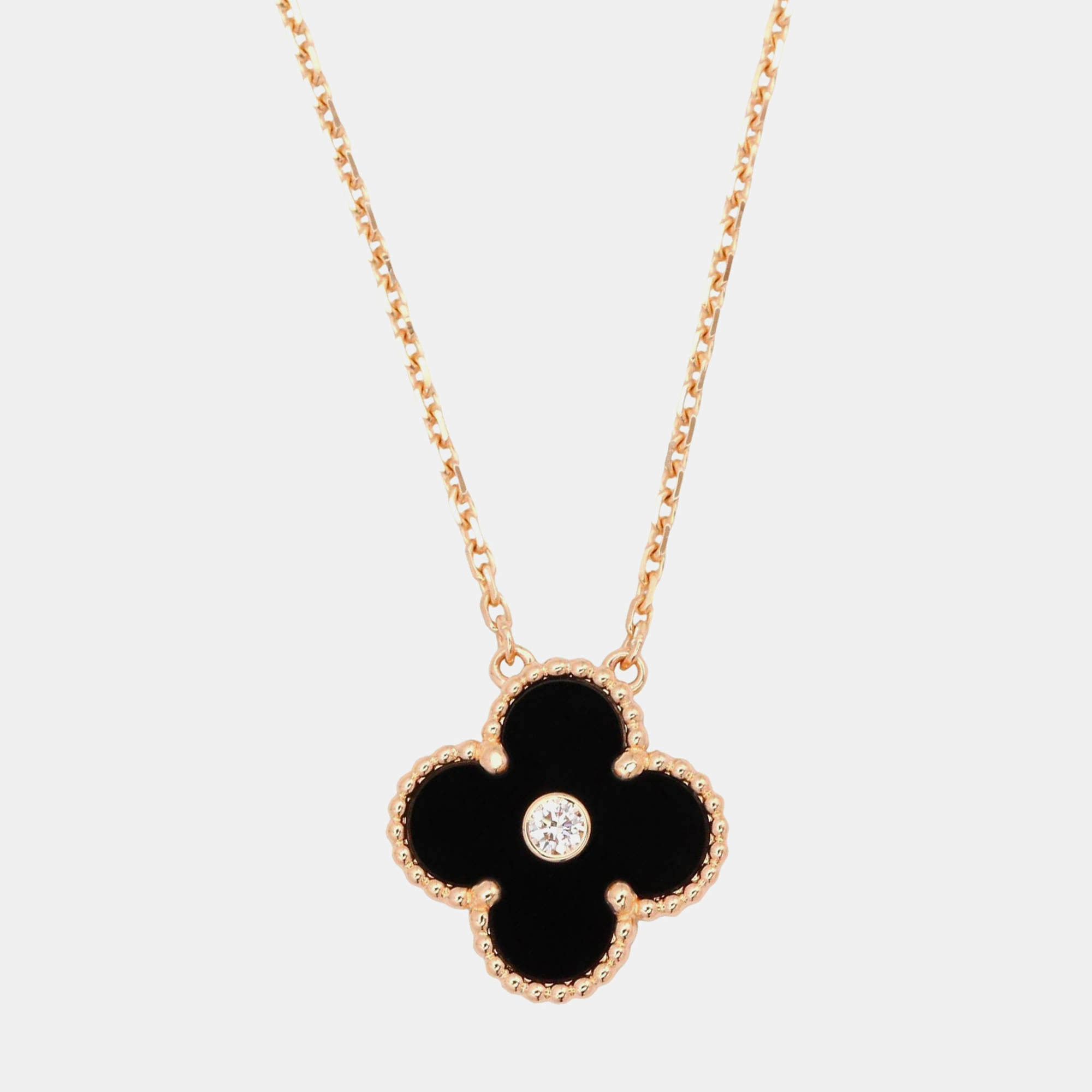 مملوكة مسبقًا Van Cleef & Arpels Vintage Alhambra Onyx Diamond 18K Rose Gold Necklace