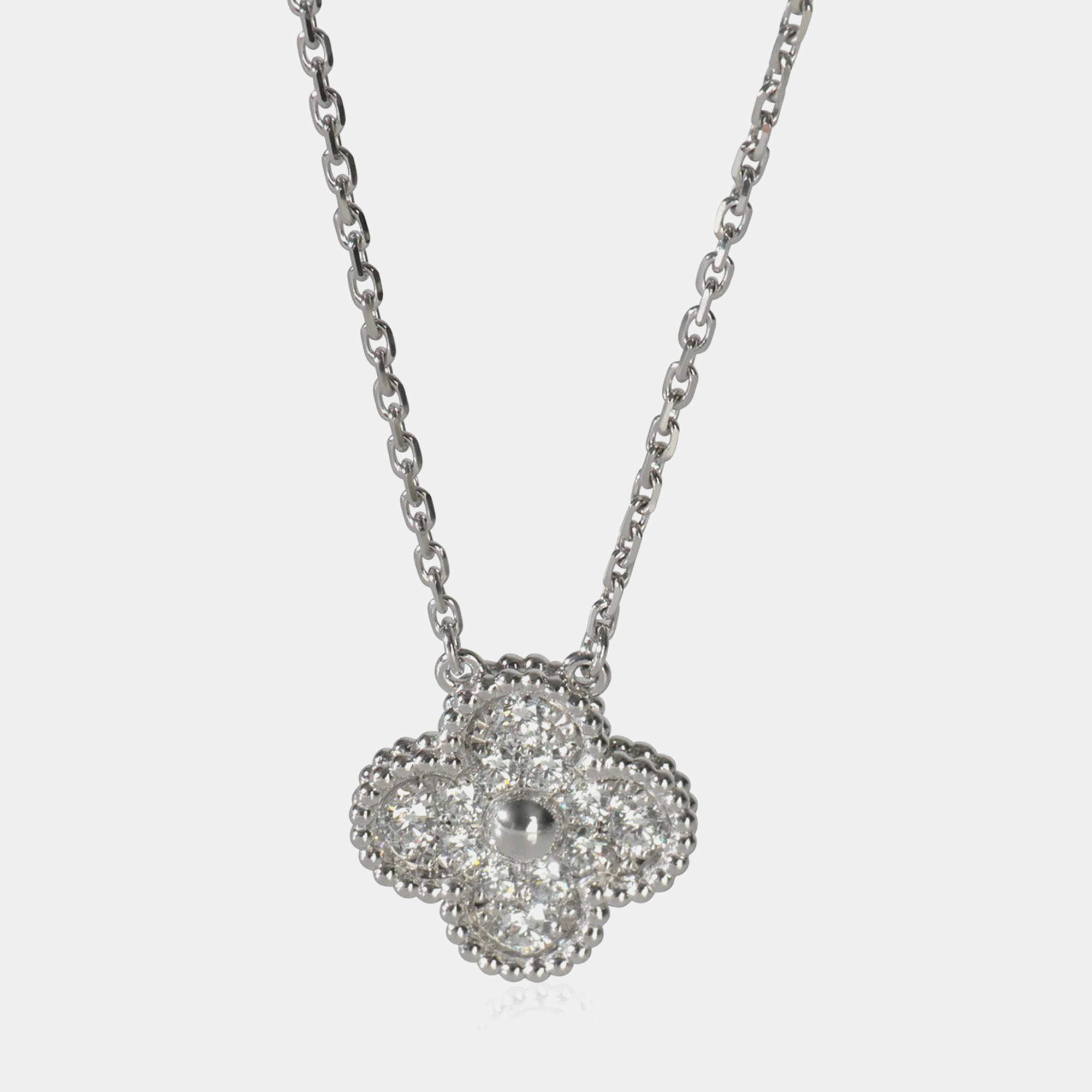 Pre Owned Van Cleef & Arpels Vintage Alhambra 18K White Gold and Diamond Pendant Necklace