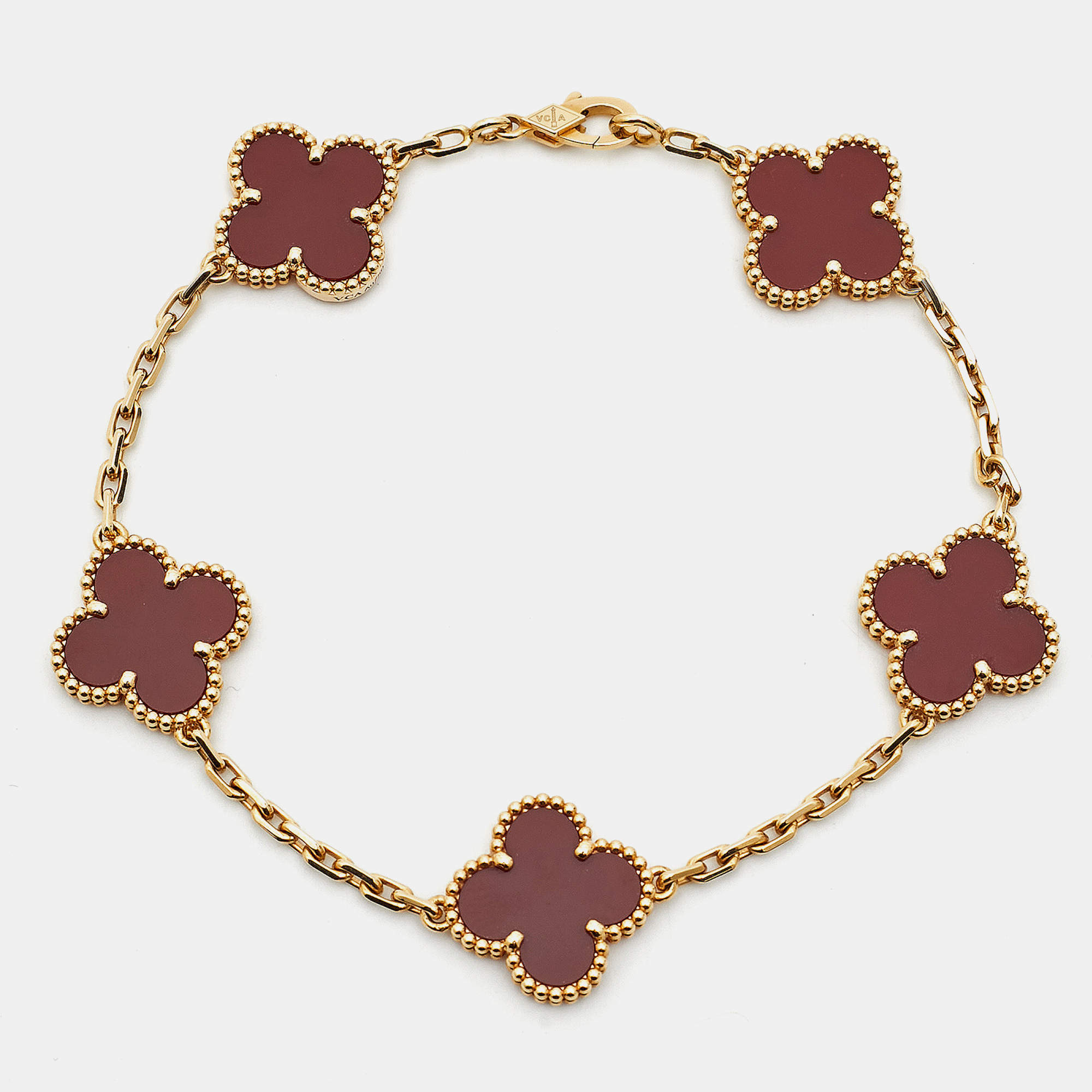 Pre Owned Van Cleef & Arpels Vintage Alhambra 18k Yellow Gold Carnelian 5 Motif Station Bracelet