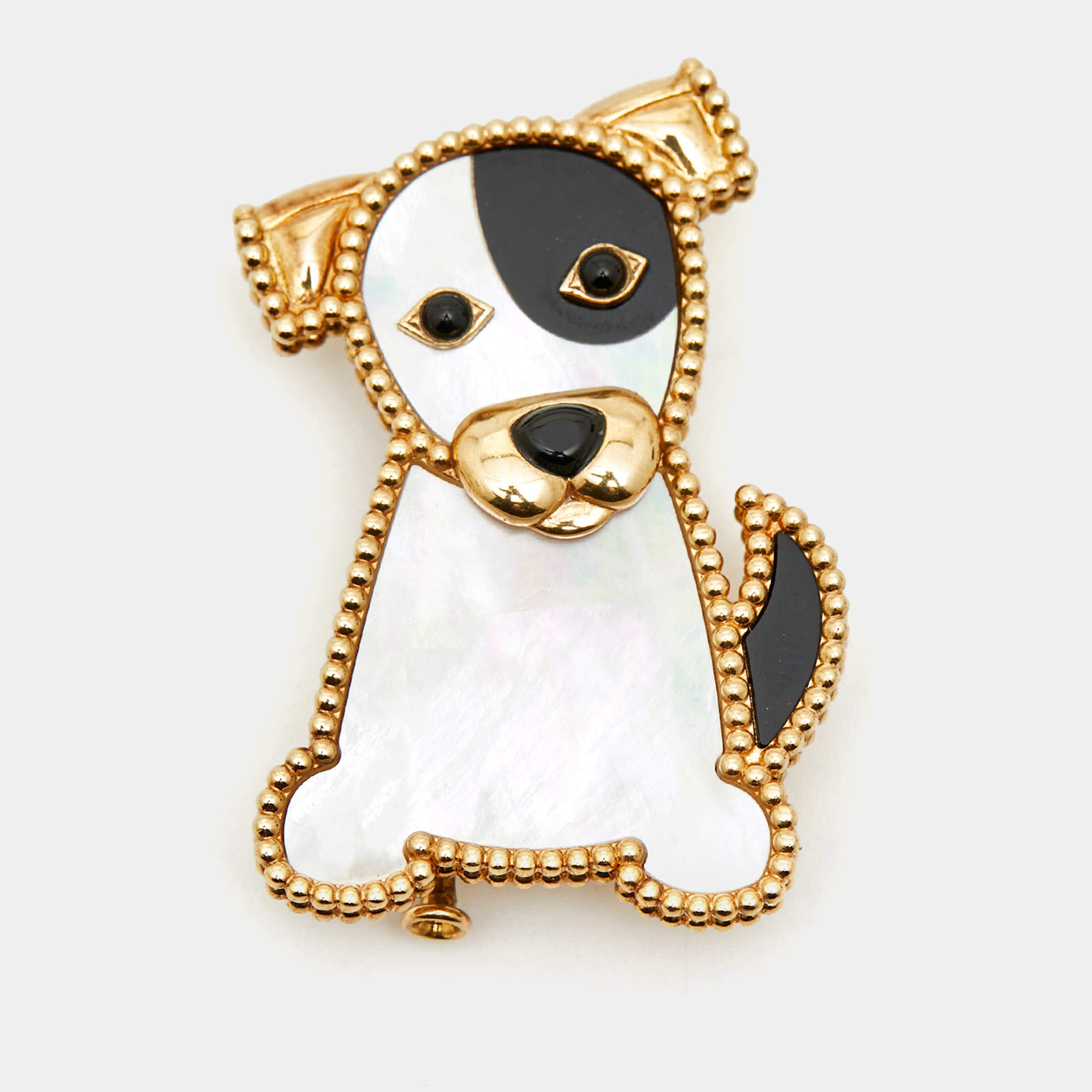 Pre Owned Van Cleef & Arpels Lucky Animal Dog Mother of Pearl 18k Yellow Gold Pin Brooch