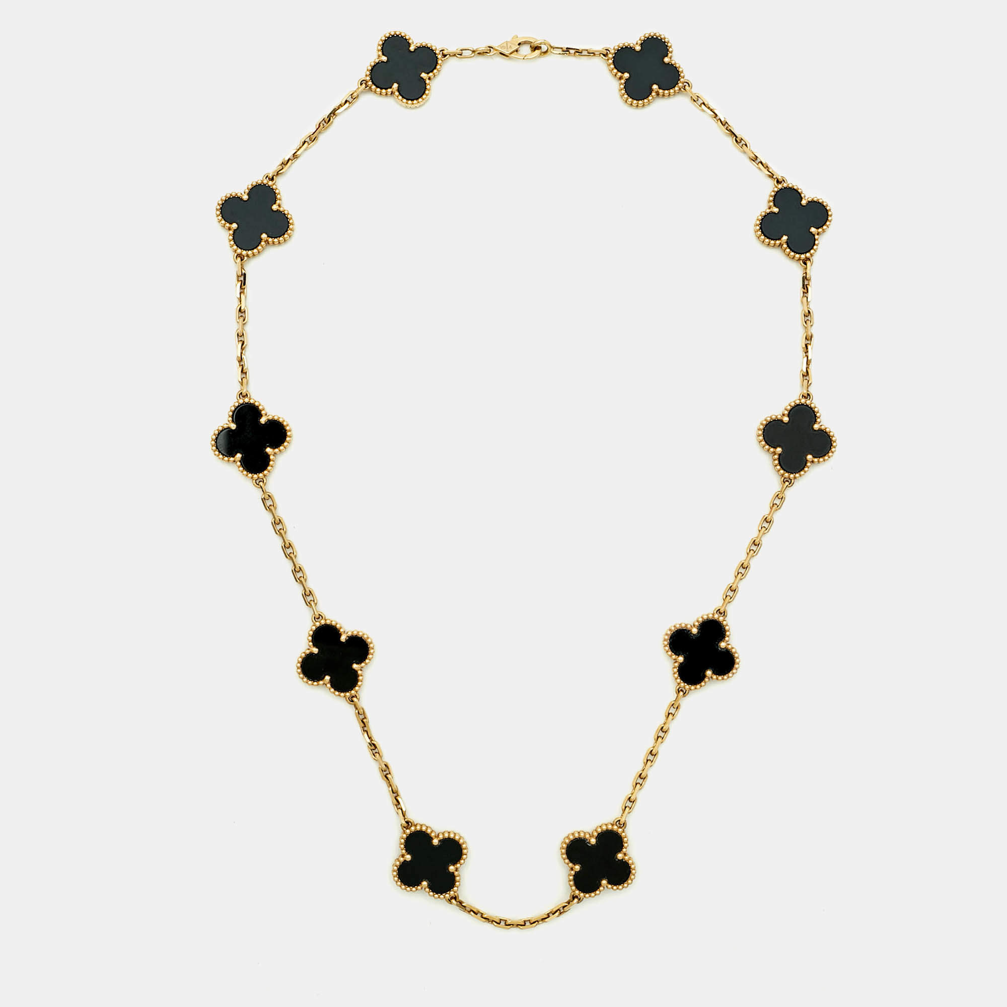 Pre Owned Van Cleef & Arpels Vintage Alhambra Onyx 18k Yellow Gold 10 Motif Necklace