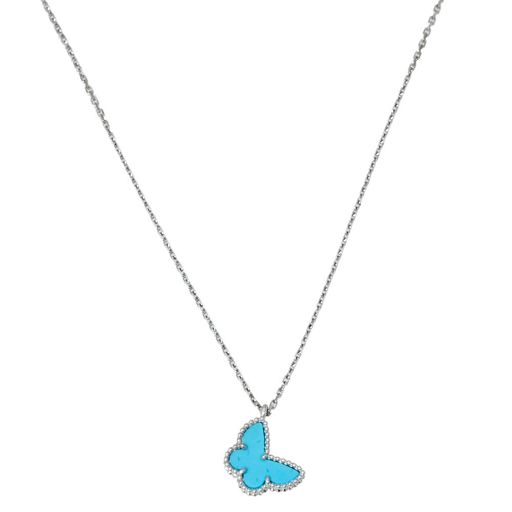 مملوكة مسبقًا Van Cleef & Arpels Sweet Alhambra Butterfly Turquoise 18K White Gold Pendant Necklace