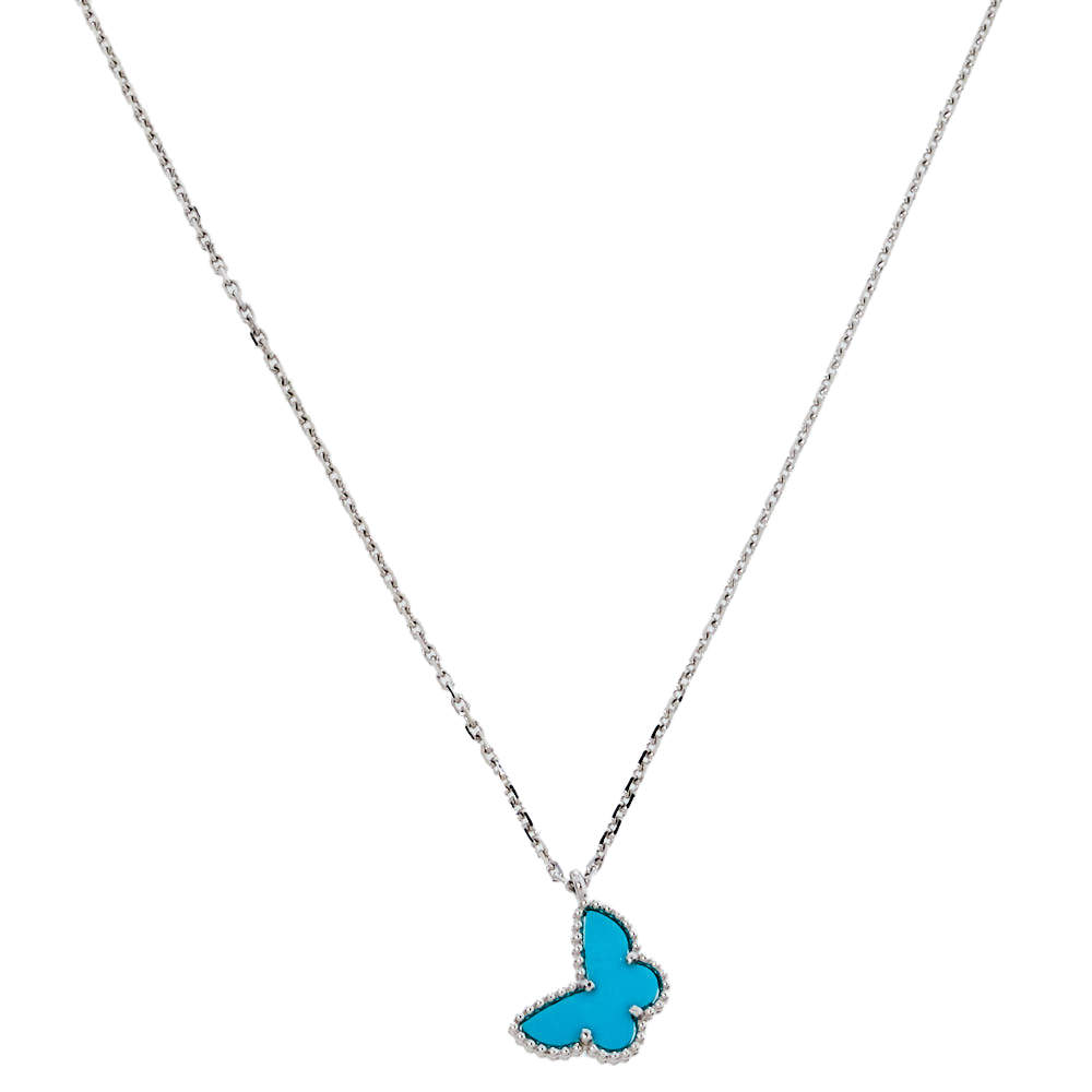 Pre Owned  Van Cleef & Arpels Sweet Alhambra Butterfly Turquoise 18K White Gold Pendant Necklace