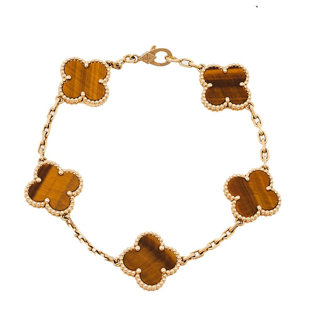 Van Cleef & Arpels Vintage Alhambra Tiger Eye 18K Yellow Gold 5 Motifs Bracelet 