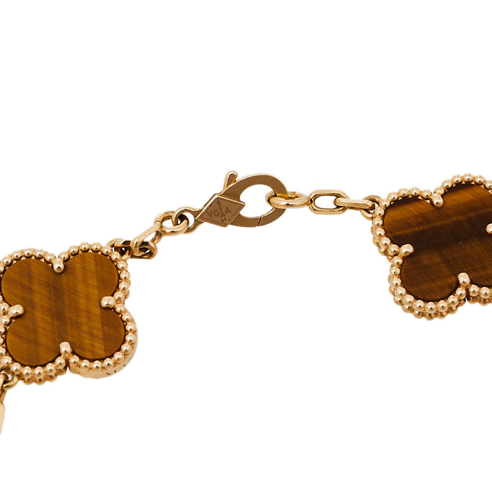 Van Cleef and Arpels Tiger's Eye Vintage Alhambra 5 Motif Gold Bracelet at  1stDibs