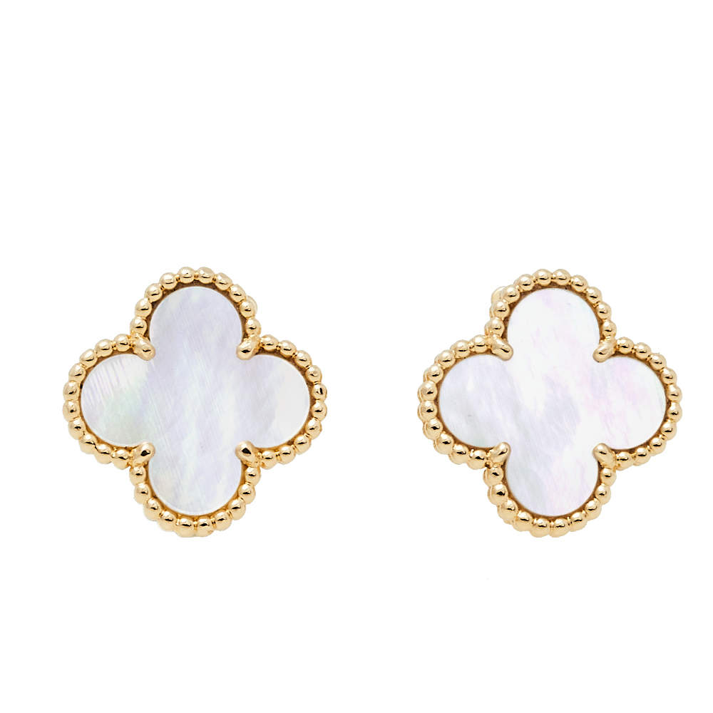 Pre Owned Van Cleef & Arpels Vintage Alhambra Mother of Pearl 18K Yellow Gold Earrings