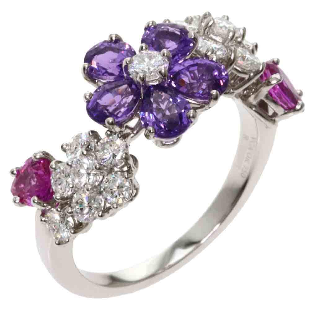 Pre Owned Van Cleef & Arpels Folie des Pres Diamond Sapphire 18K White Gold Ring Size EU 57