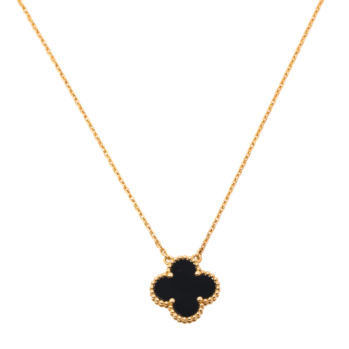 Pre Owned Van Cleef & Arpels Vintage Alhambra Onyx 18k Yellow Gold Pendant Necklace