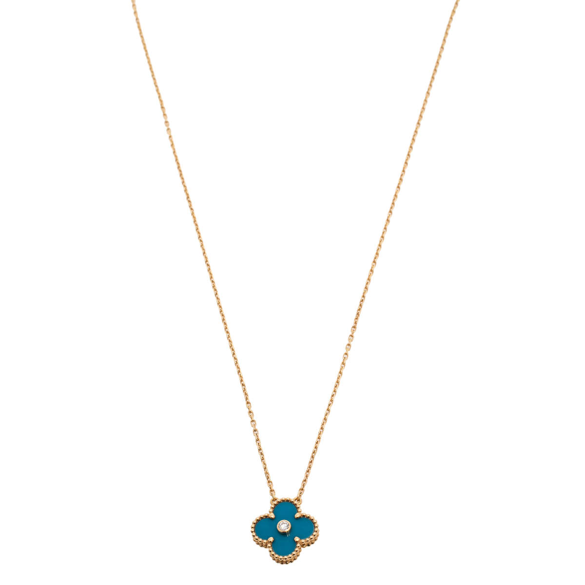 مملوكة مسبقًا Van Cleef & Arpels Vintage Alhambra Blue Inlay Diamond 18K Yellow Gold Pendant Necklace