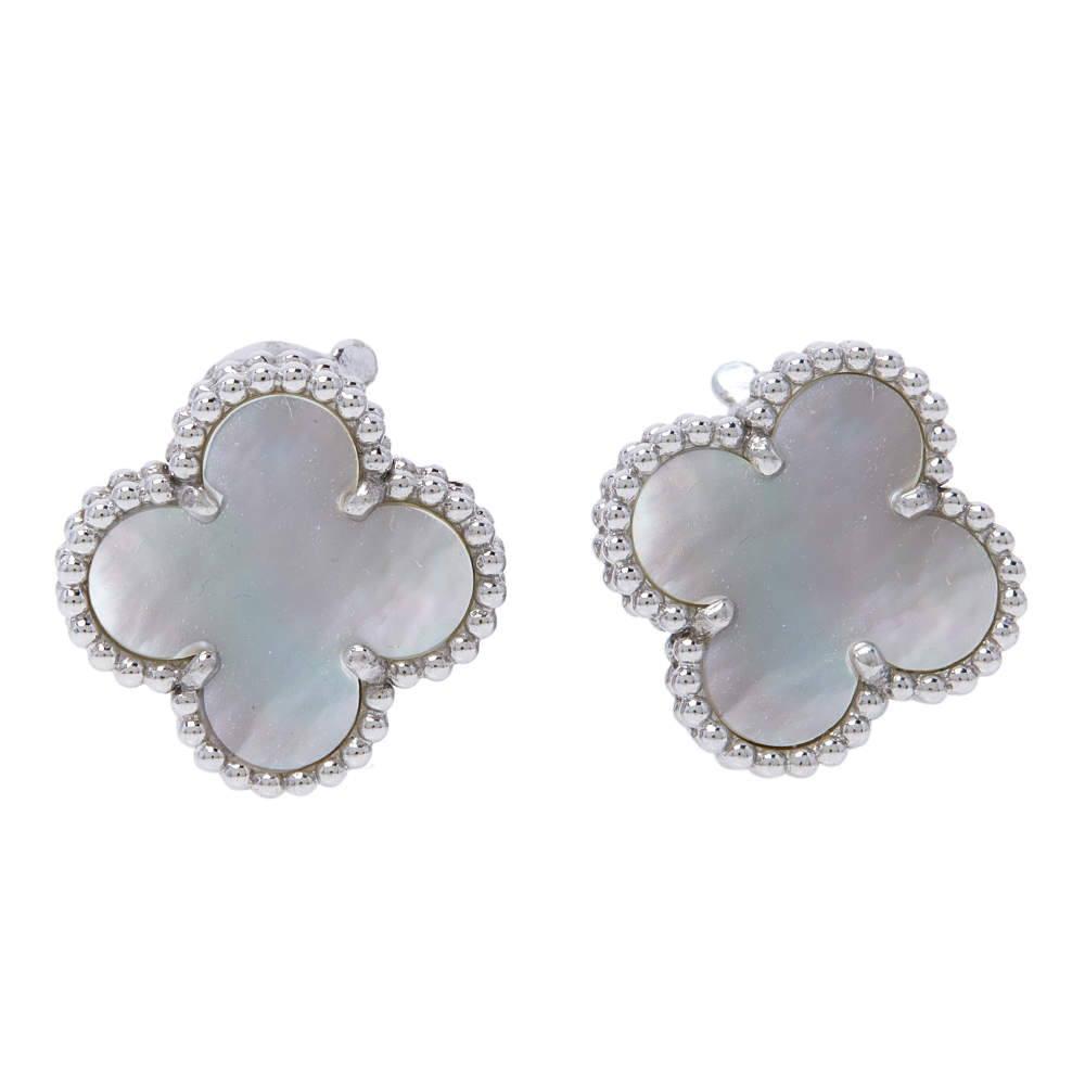 Pre Owned Van Cleef & Arpels Vintage Alhambra Mother of Pearl 18K White Gold Stud Earrings