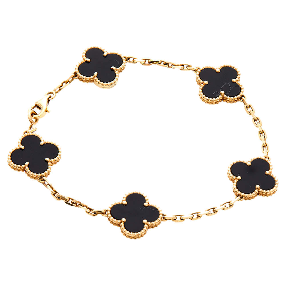 Pre Owned Van Cleef & Arpels Vintage Alhambra 5 Motifs Onyx 18K Yellow Gold Bracelet