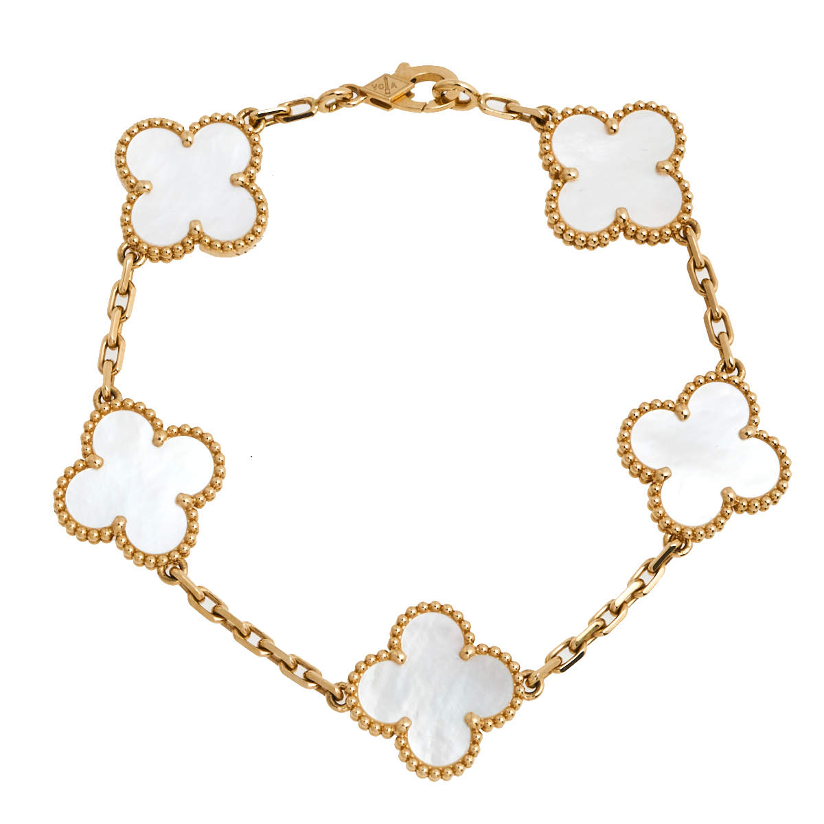 Pre Owned Van Cleef & Arpels Vintage Alhambra 5 Motif Mother of Pearl 18K Yellow Gold Station Bracelet