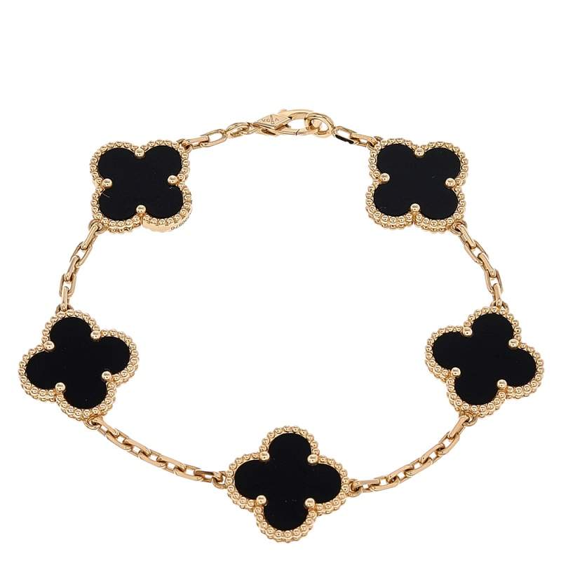 Pre Owned Van Cleef & Arpels Vintage Alhambra Onyx 18K Yellow Gold 5-Motif Bracelet