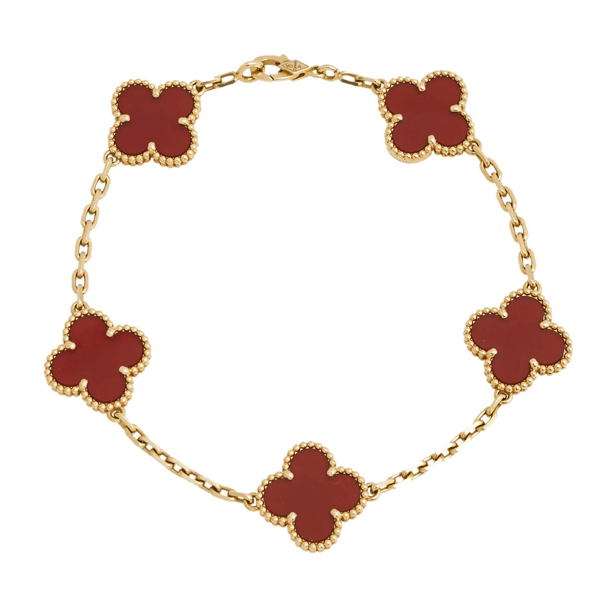 Pre Owned Van Cleef & Arpels Vintage Alhambra Carnelian 18K Yellow Gold 5-Motif Station Bracelet