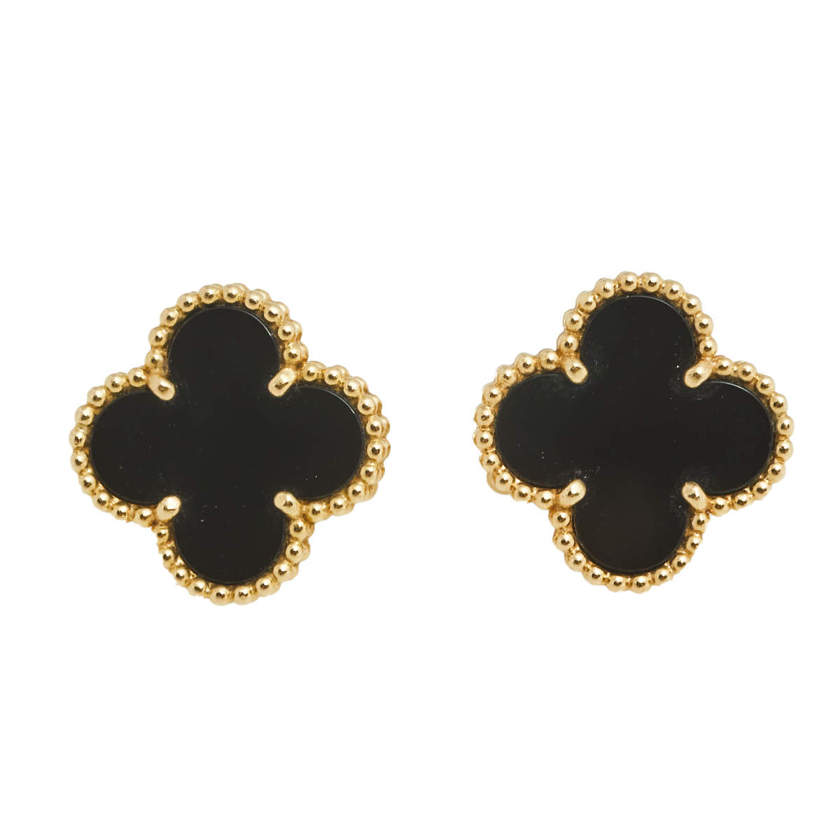 Pre Owned Van Cleef & Arpels Vintage Alhambra Onyx 18k Yellow Gold Stud Earrings