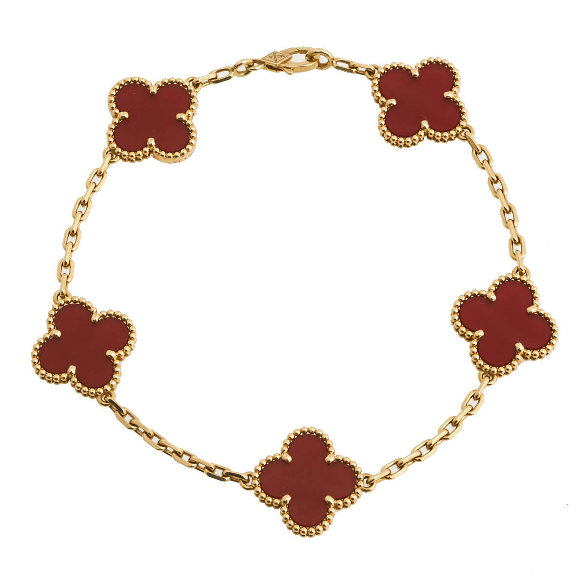 Pre Owned Van Cleef & Arpels Vintage Alhambra Carnelian 18K Yellow Gold 5-Motif Station Bracelet