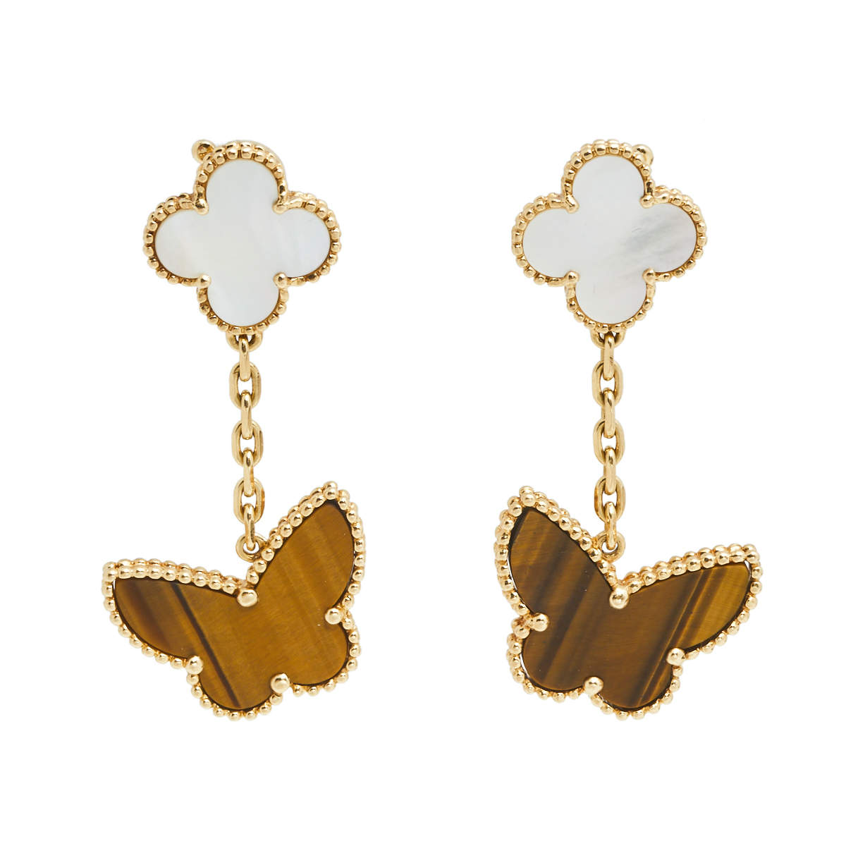 Pre Owned Van Cleef & Arpels Lucky Alhambra Mother of Pearl Tiger's Eye 18k Yellow Gold Drop Earrings
