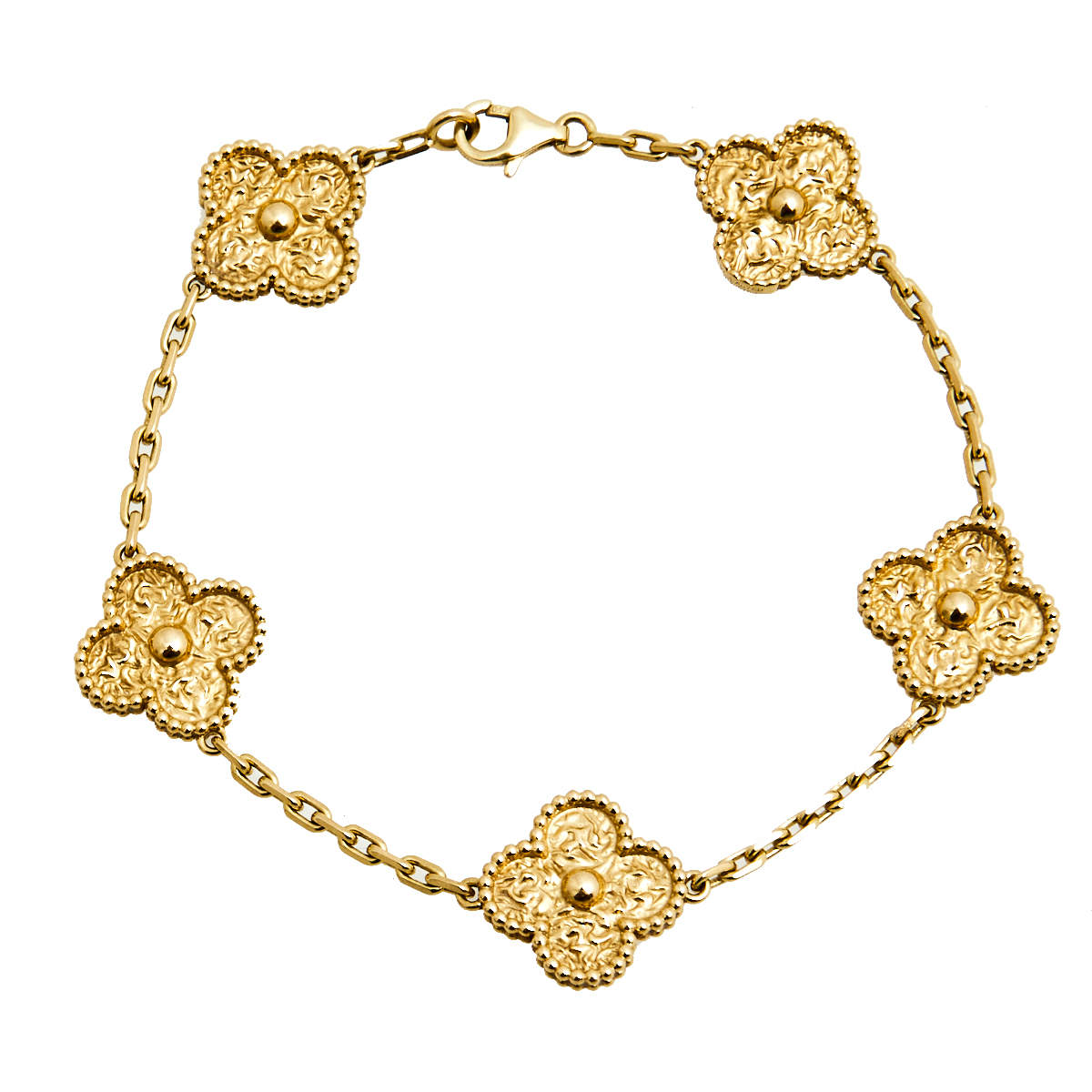 Pre Owned Van Cleef & Arpels Vintage Alhambra Textured 5 Motif 18K Yellow Gold Station Bracelet