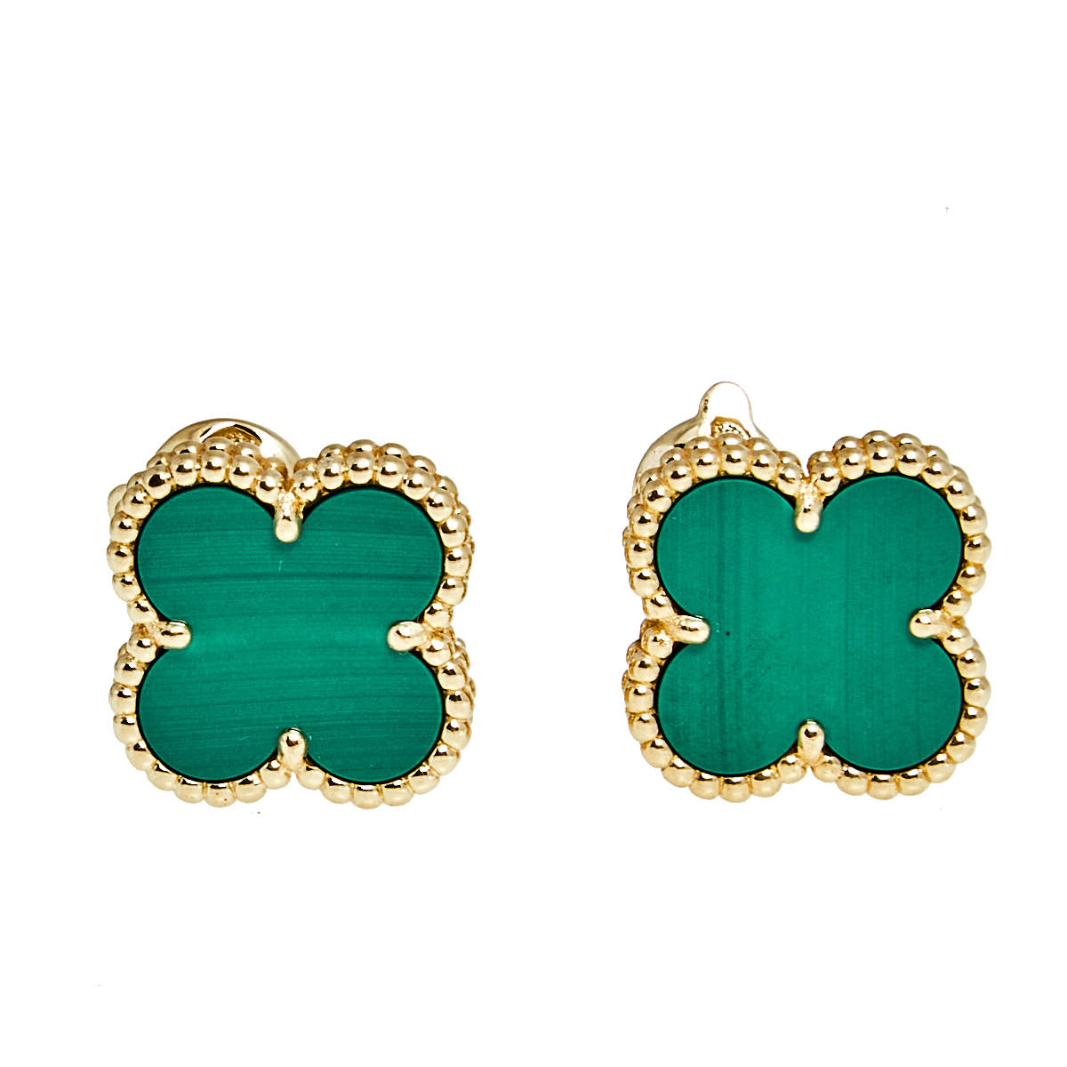 Pre Owned Van Cleef & Arpels Vintage Alhambra Malachite 18k Yellow Gold Stud Earrings