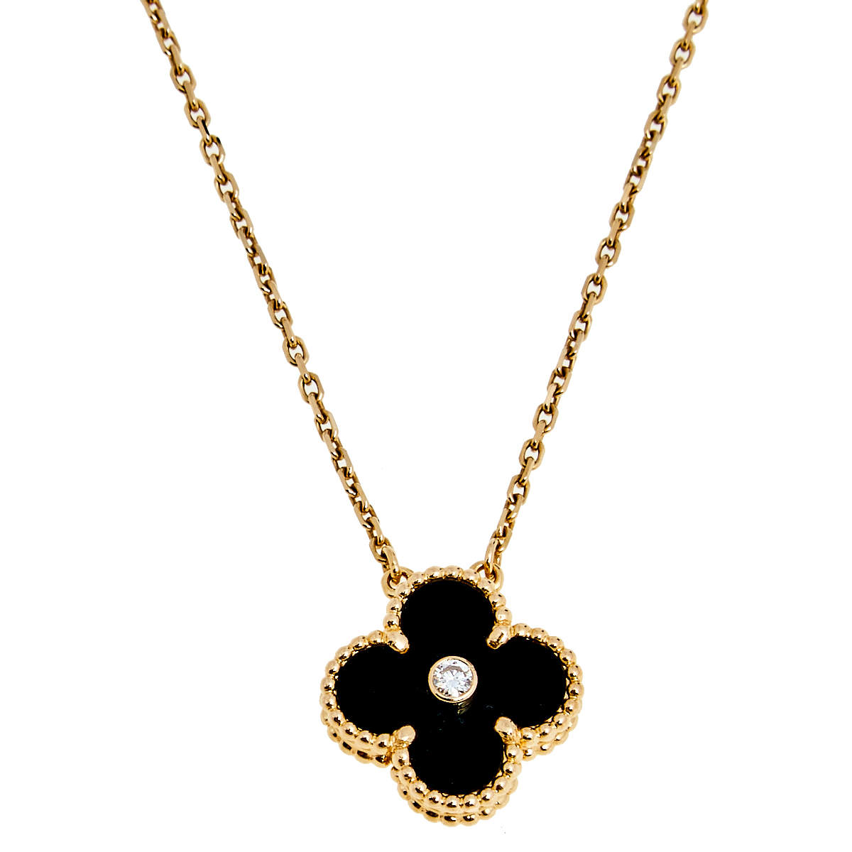 Van Cleef & Arpels Vintage Alhambra Diamond Onyx 18k Rose Gold Pendant ...