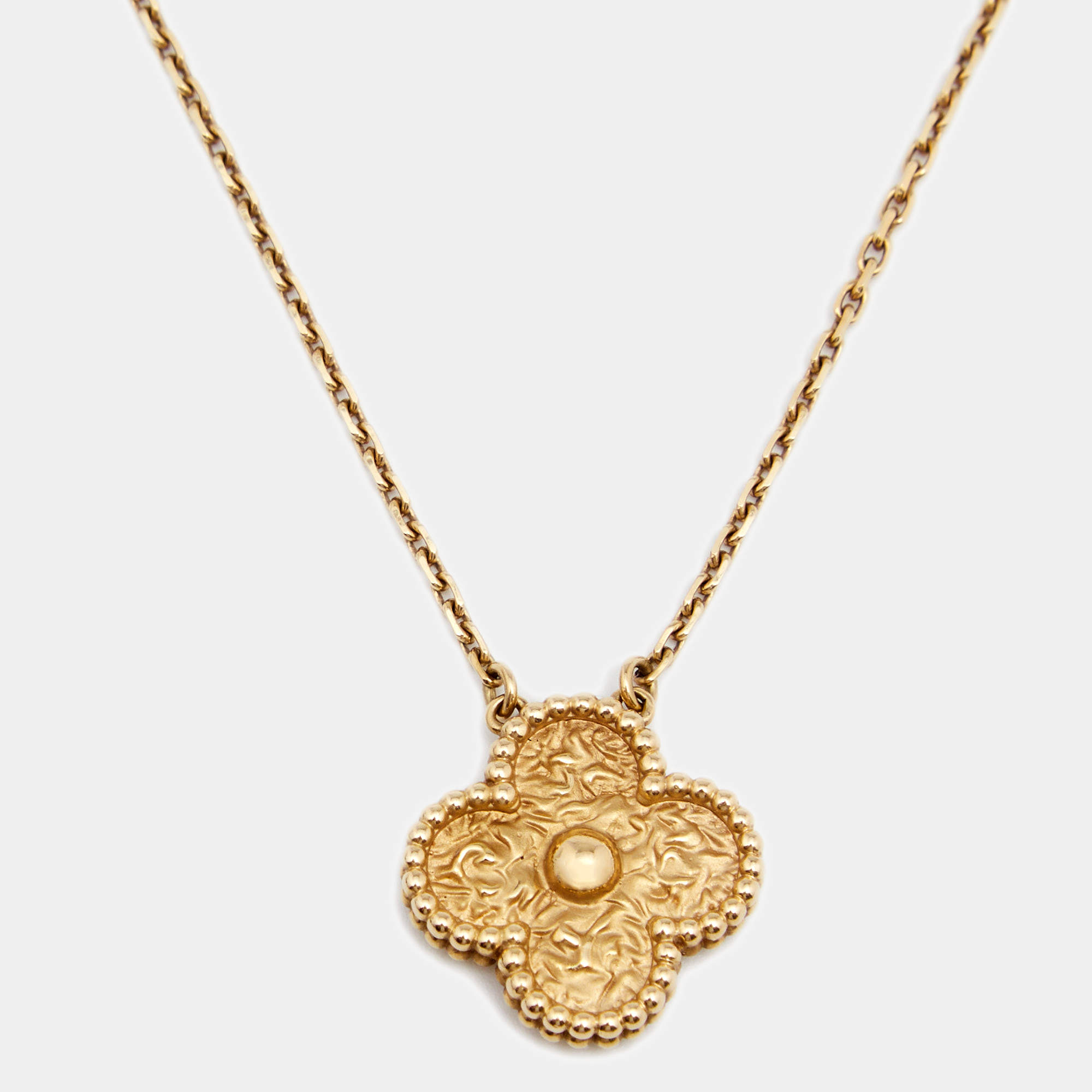 Van Cleef & Arpels Vintage Alhambra Textured 18k Yellow Gold Pendant Necklace