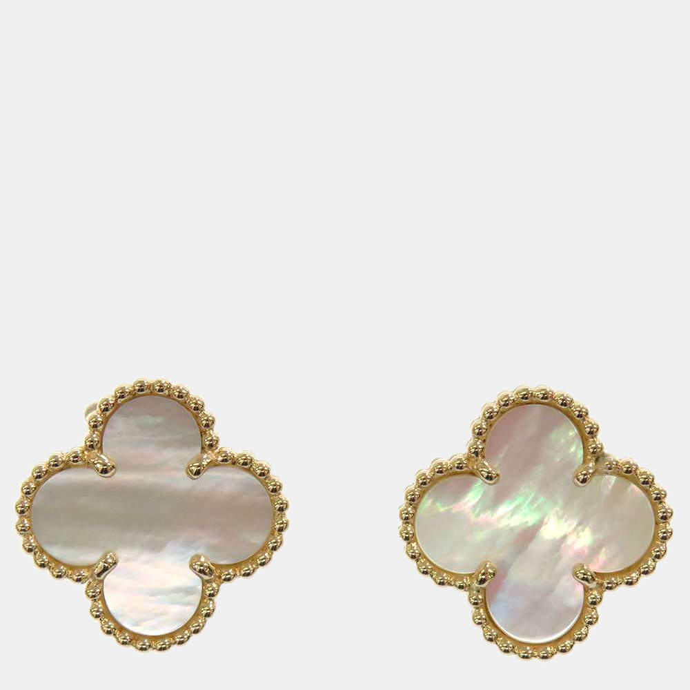 Pre Owned Van Cleef & Arpels Vintage Alhambra 18K Yellow Gold Mother of Pearl Earrings