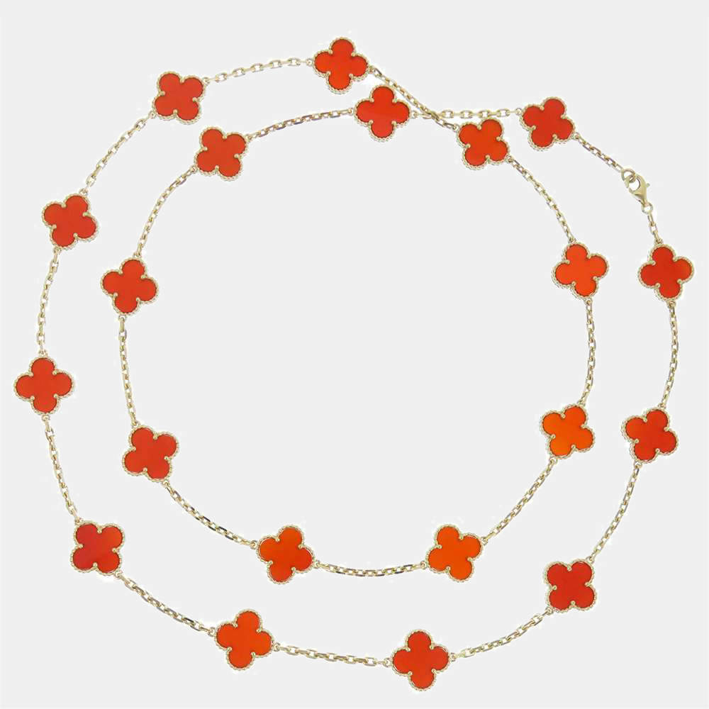 Pre Owned Van Cleef & Arpels Vintage Alhambra 18K Yellow Gold Carnelian Necklace 
