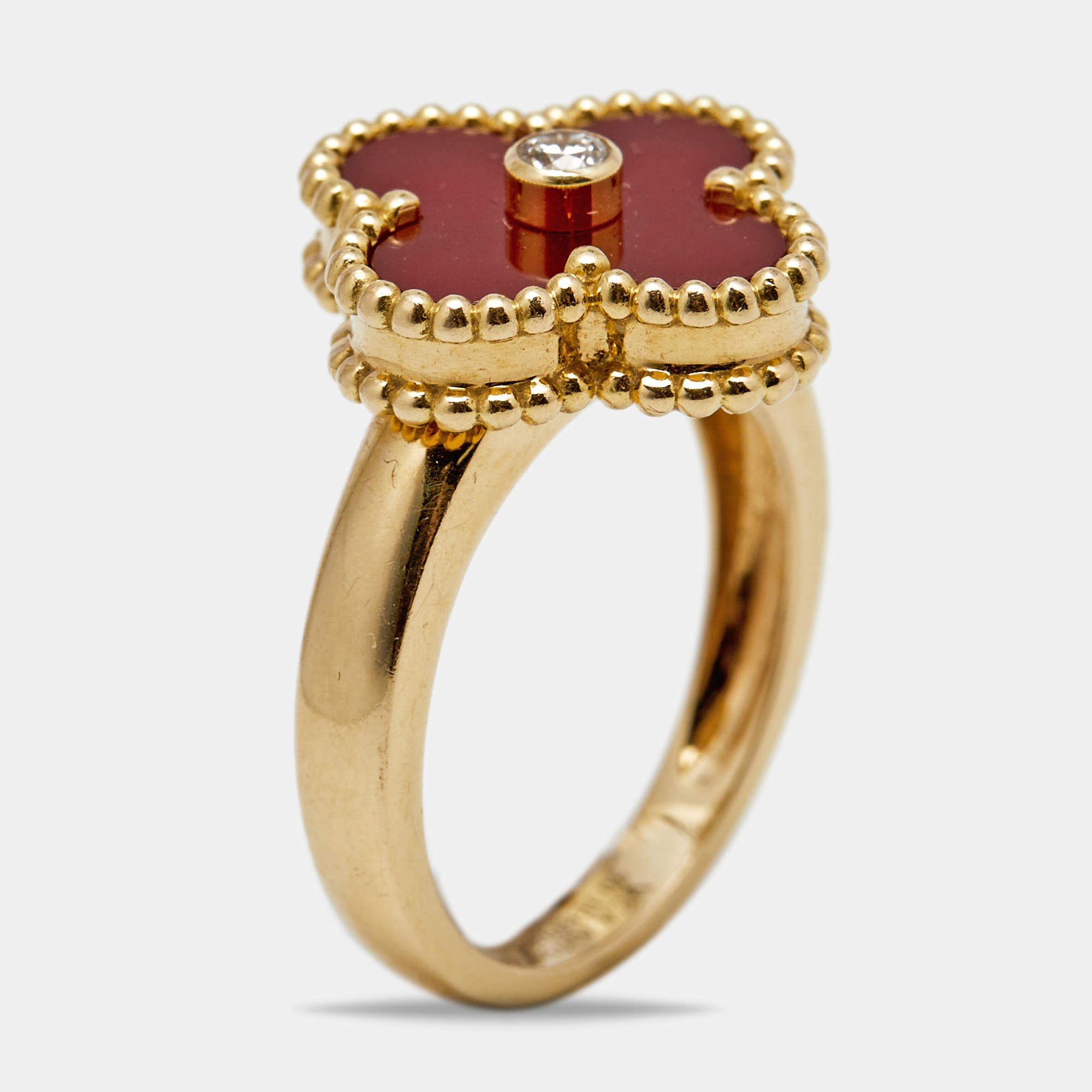 Pre Owned Van Cleef & Arpels Vintage Alhambra Carnelian Diamond 18k Yellow Gold Ring Size 50 