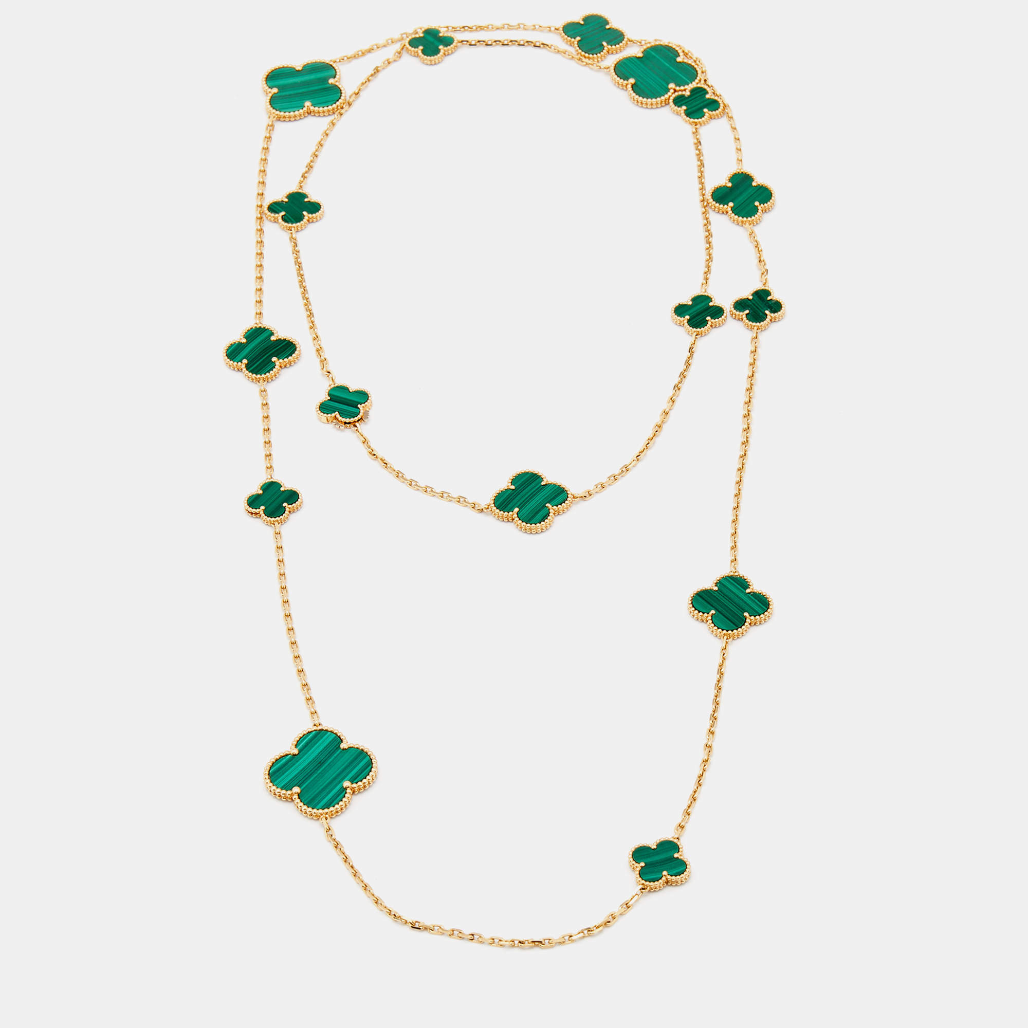 Pre Owned Van Cleef & Arpels Magic Alhambra Malachite 18k Yellow Gold 16 Motif Long Necklace