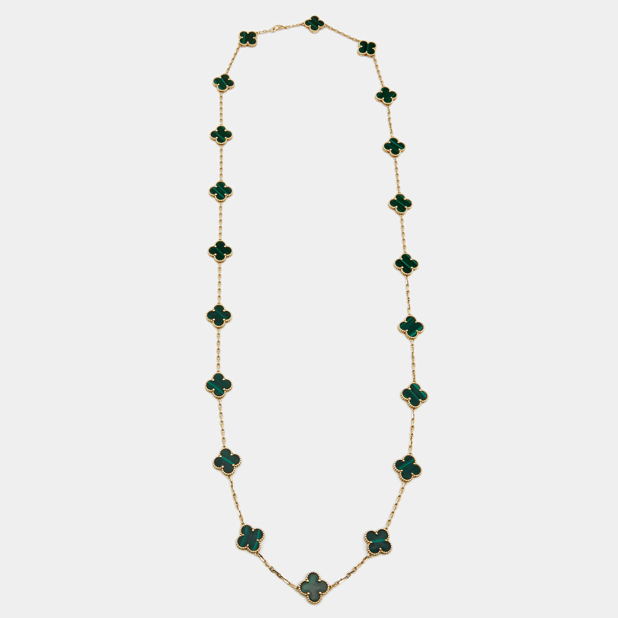 Pre Owned Van Cleef & Arpels Vintage Alhambra Malachite 20 Motif 18k Yellow Gold Long Necklace