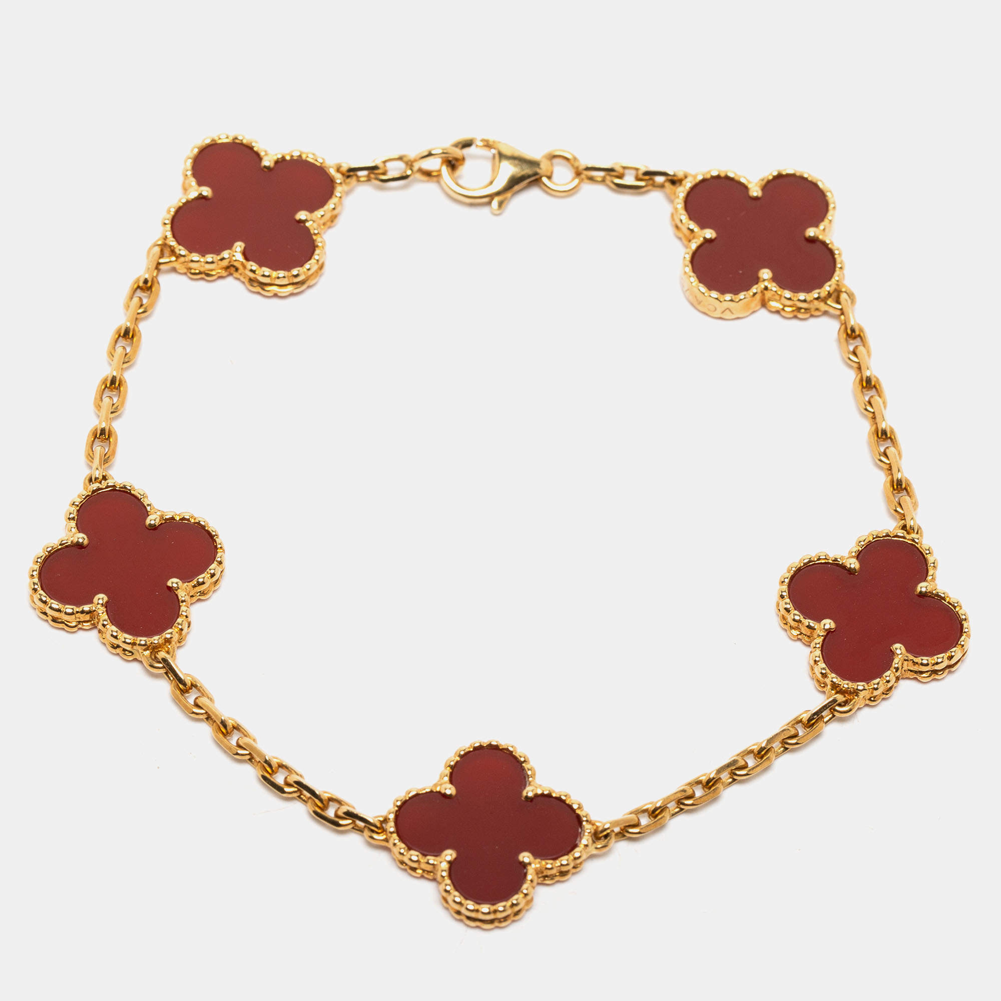 Pre Owned Van Cleef & Arpels Carnelian 18k Yellow Gold 5 Motif Station Bracelet