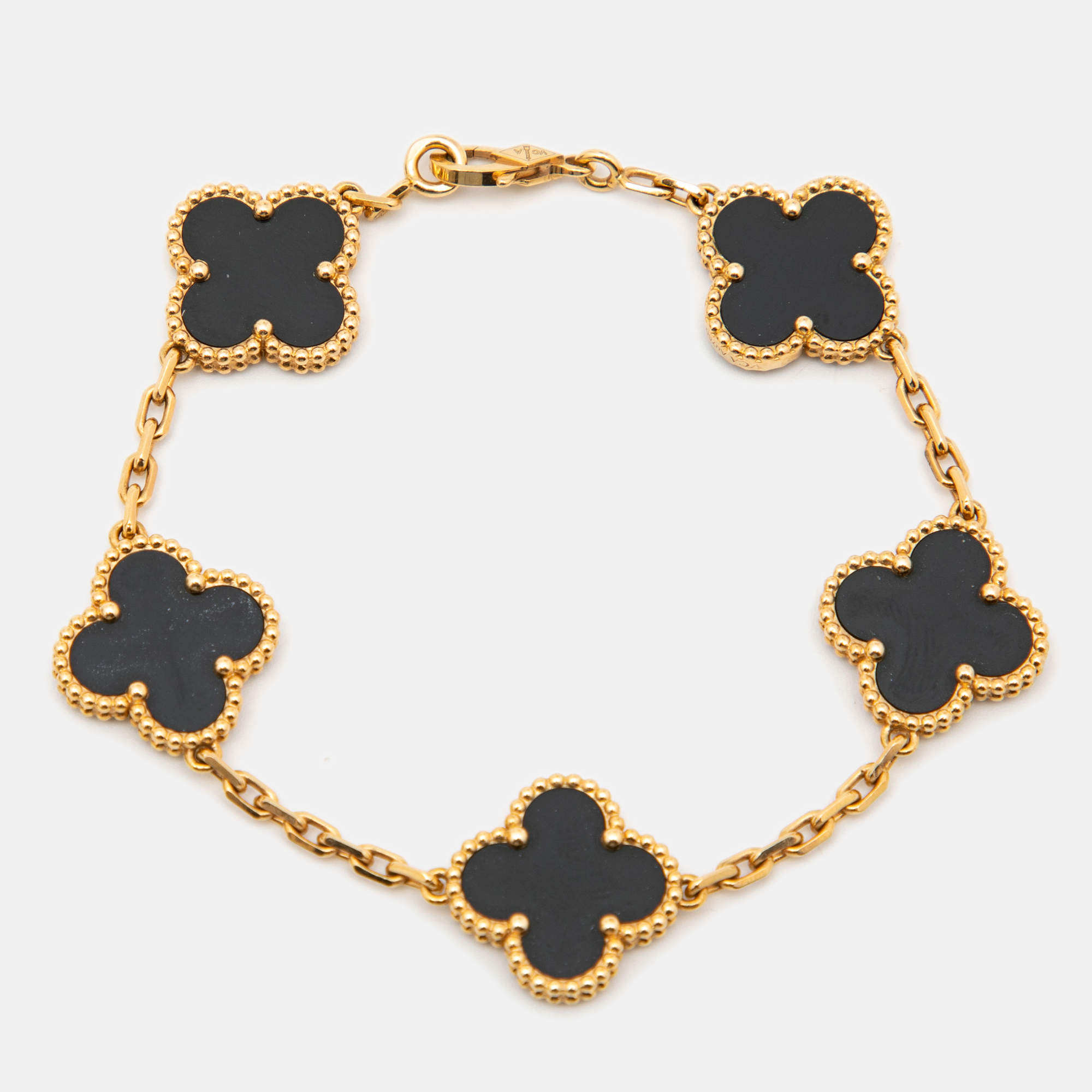 Pre Owned Van Cleef & Arpels Vintage Alhambra Onyx 18k Yellow Gold 5 Motif Station Bracelet