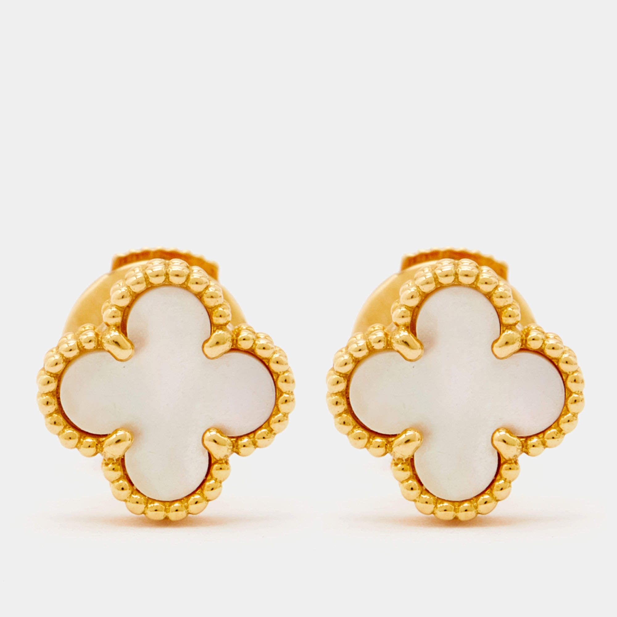Pre Owned Van Cleef & Arpels Sweet Alhambra Mother of Pearl 18k Yellow Gold Stud Earrings