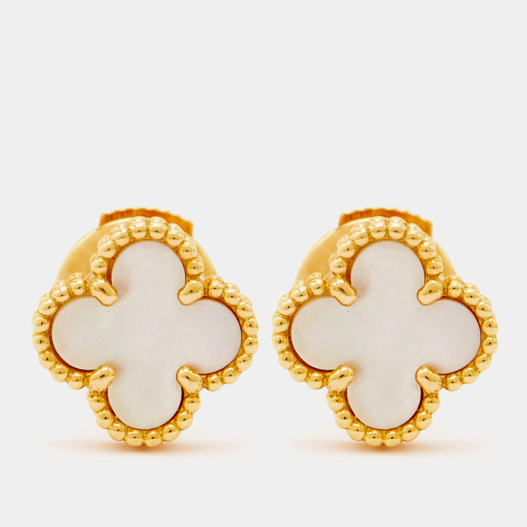 Pre Owned Van Cleef & Arpels Sweet Alhambra Mother of Pearl 18k Yellow Gold Stud Earrings