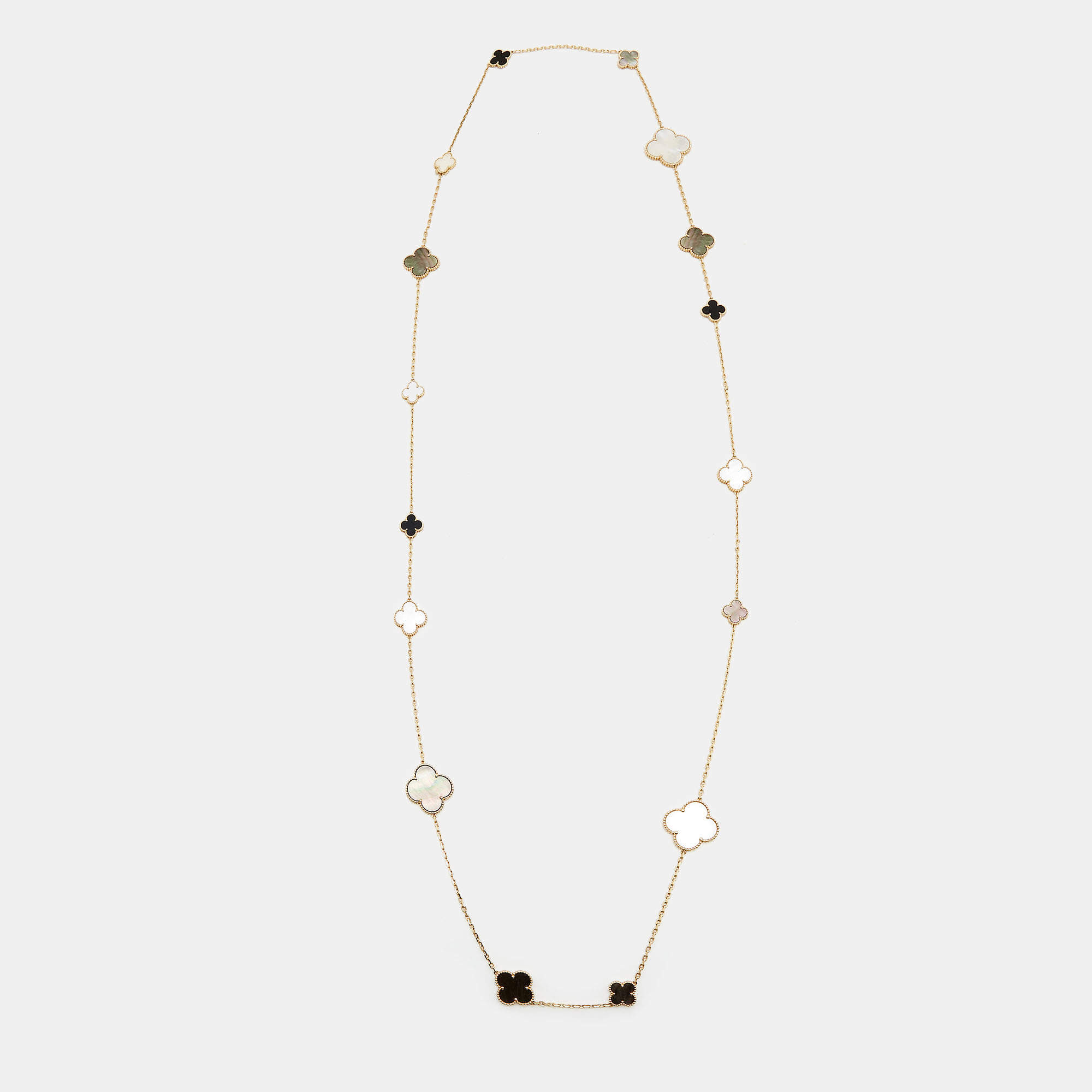 مملوكة مسبقًا Van Cleef & Arpels Magic Alhambra 16 Motif Mother of Pearl Onyx 18k Yellow Gold Long Station Necklace