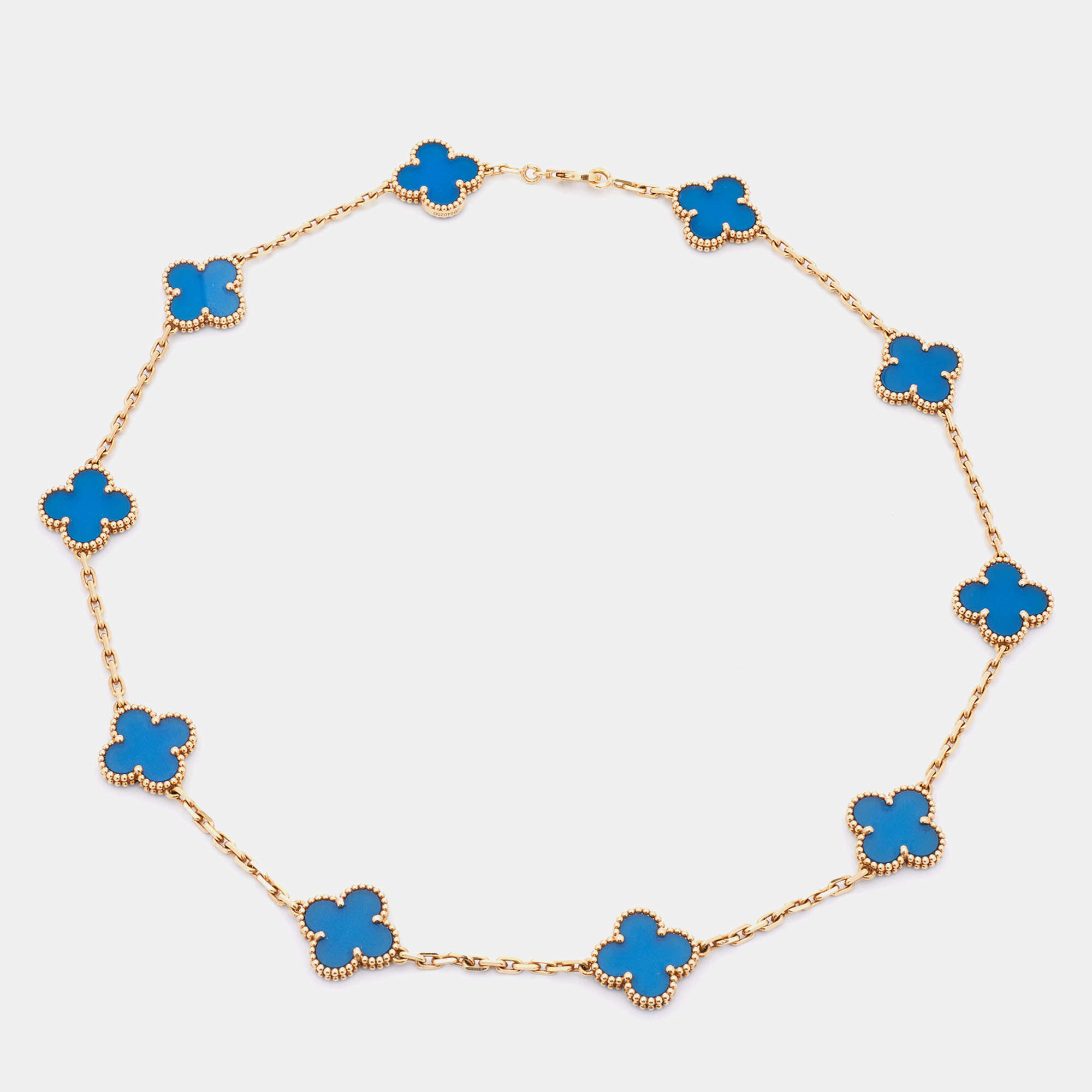 Pre Owned Van Cleef & Arpels Vintage Alhambra Agate 10 Motif 18k Yellow Gold Station Necklace