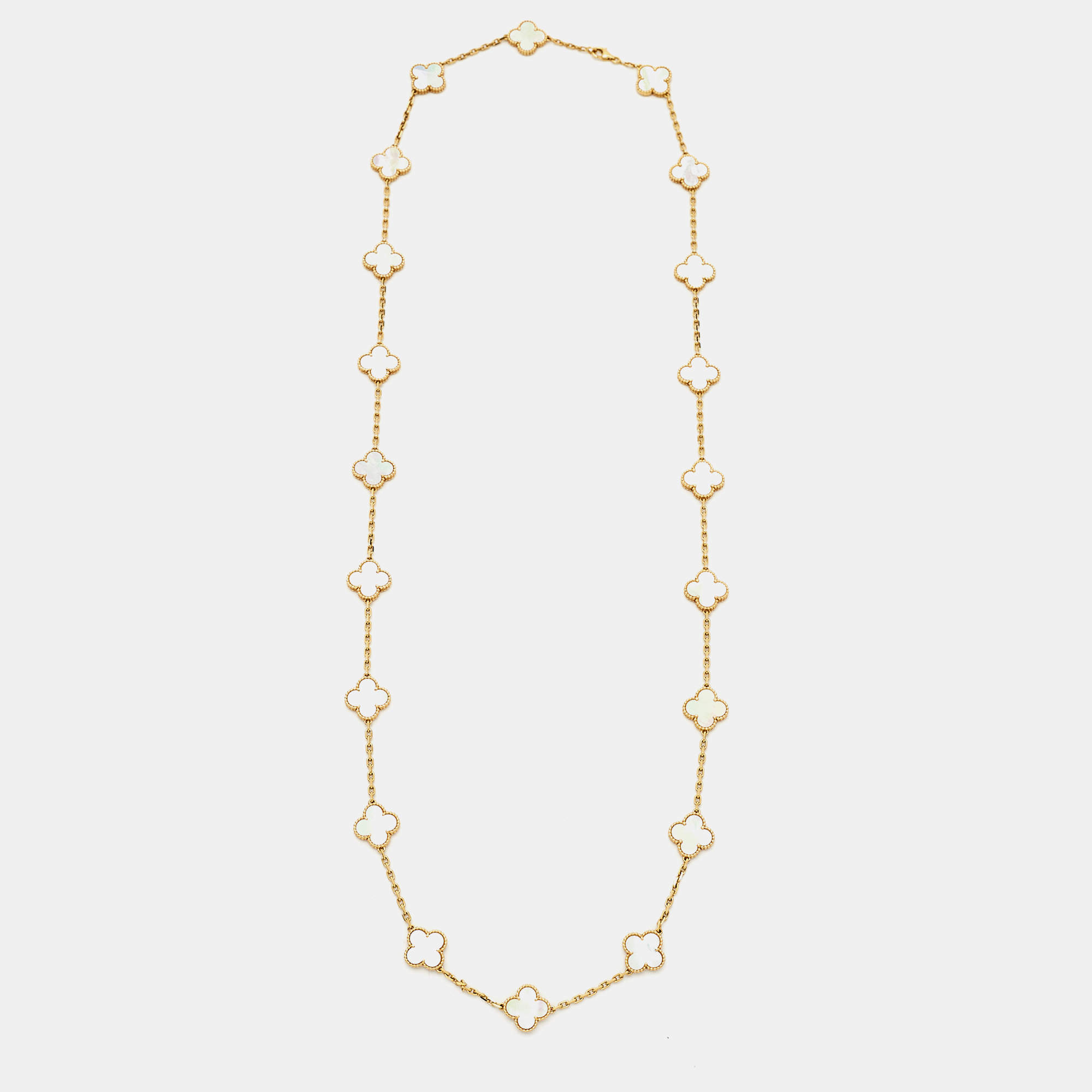 مملوكة مسبقًا Van Cleef & Arpels Vintage Alhambra Mother of Pearl 20 Motif 18K Yellow Gold Long Station Necklace