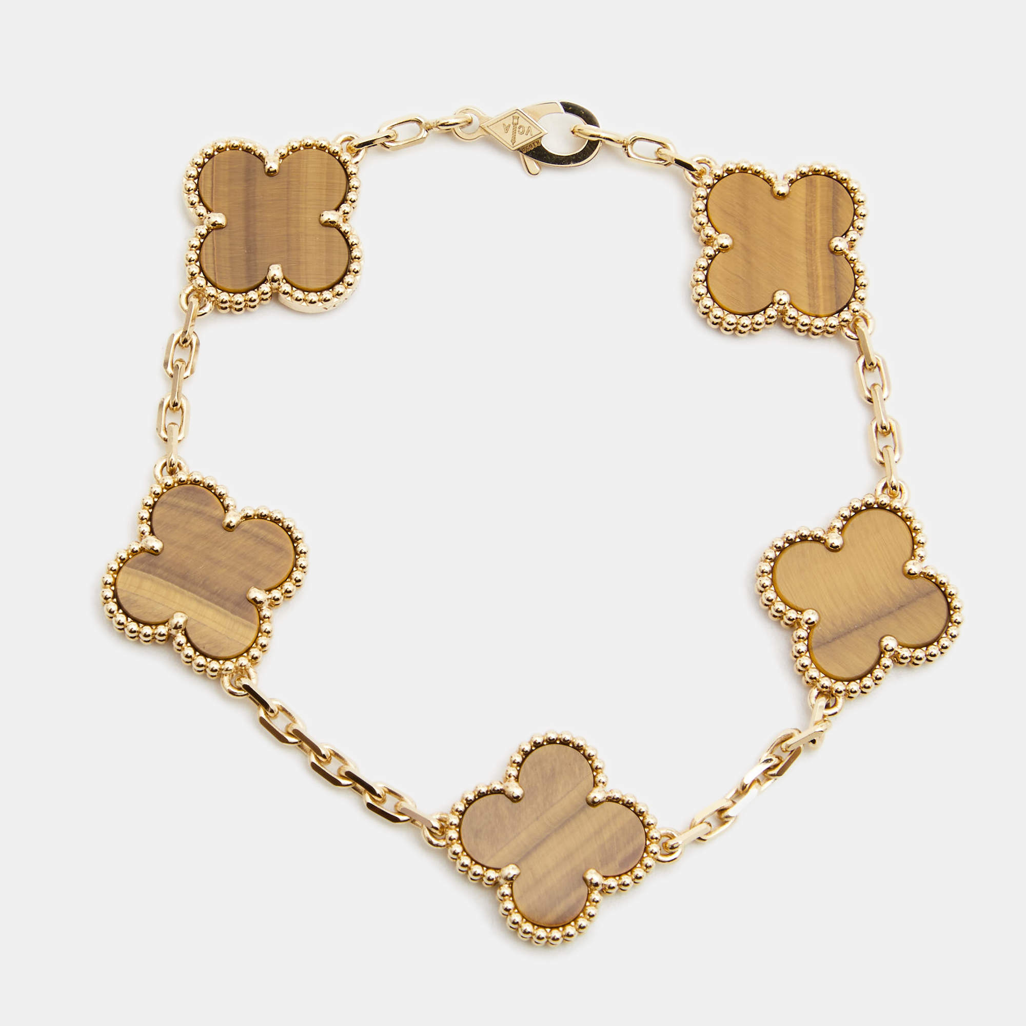 Pre Owned Van Cleef & Arpels Vintage Alhambra Tiger's Eye 18k Yellow Gold 5 Motif Station Bracelet