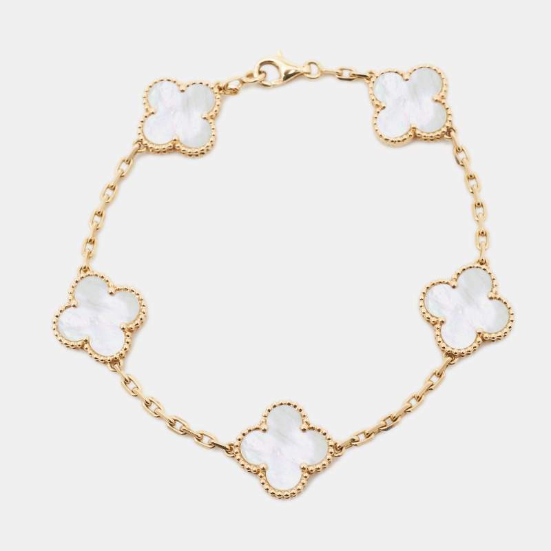 مملوكة مسبقًا Van Cleef & Arpels Vintage Alhambra Mother of Pearl 18k Yellow Gold Station Bracelet
