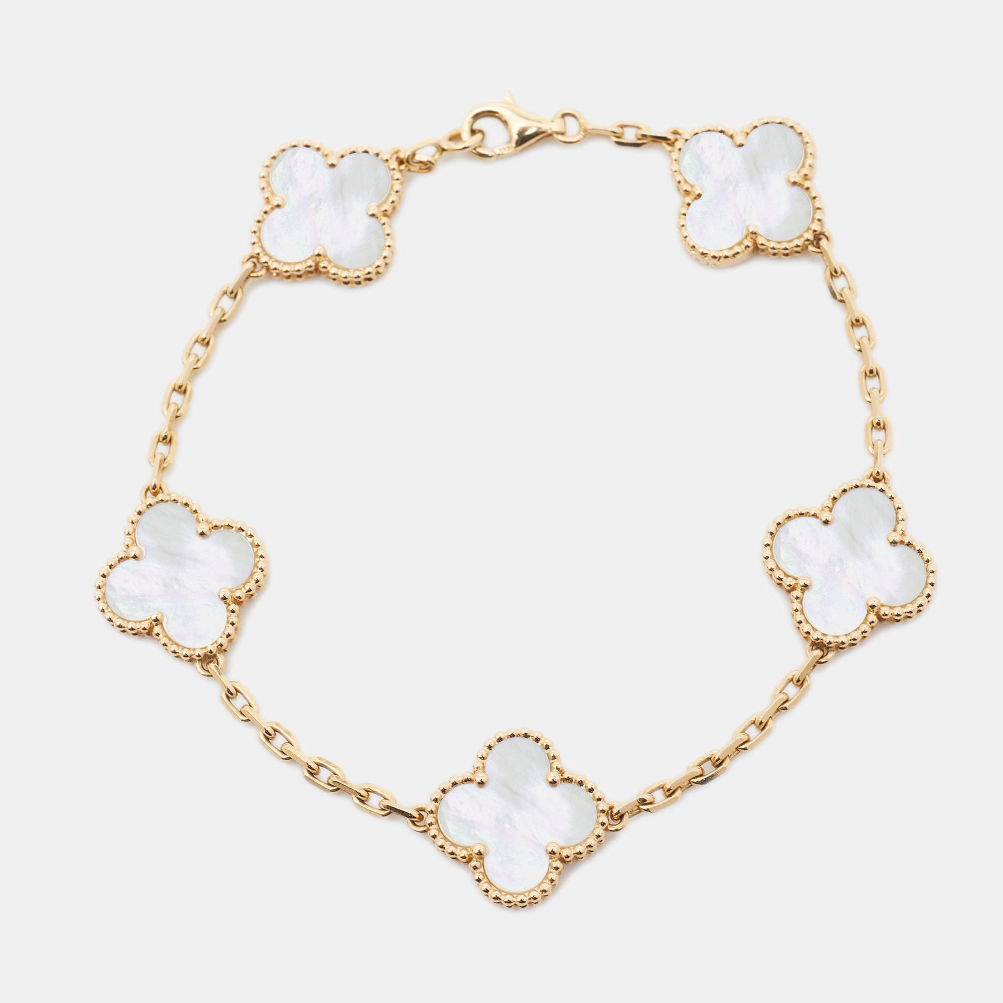 Pre Owned Van Cleef & Arpels Vintage Alhambra Mother of Pearl 18k Yellow Gold Station Bracelet