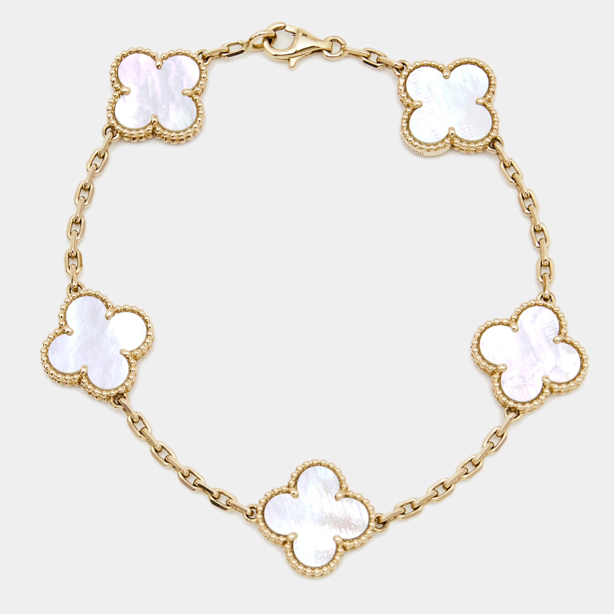 Pre Owned Van Cleef & Arpels Vintage Alhambra Mother of Pearl 18k Yellow Gold 5 Motif Station Bracelet