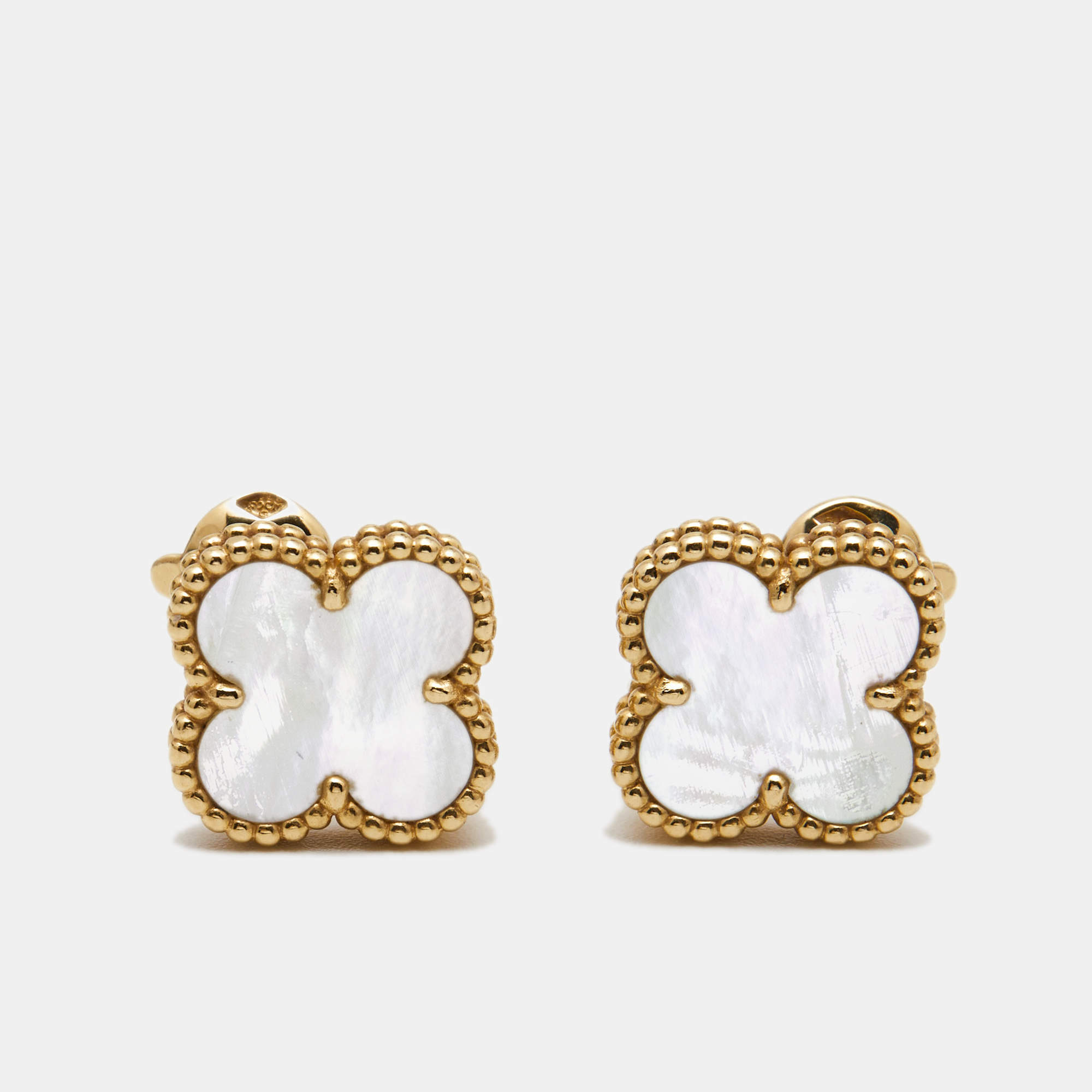 Pre Owned Van Cleef & Arpels Vintage Alhambra Mother of Pearl  18k Yellow Gold Earrings