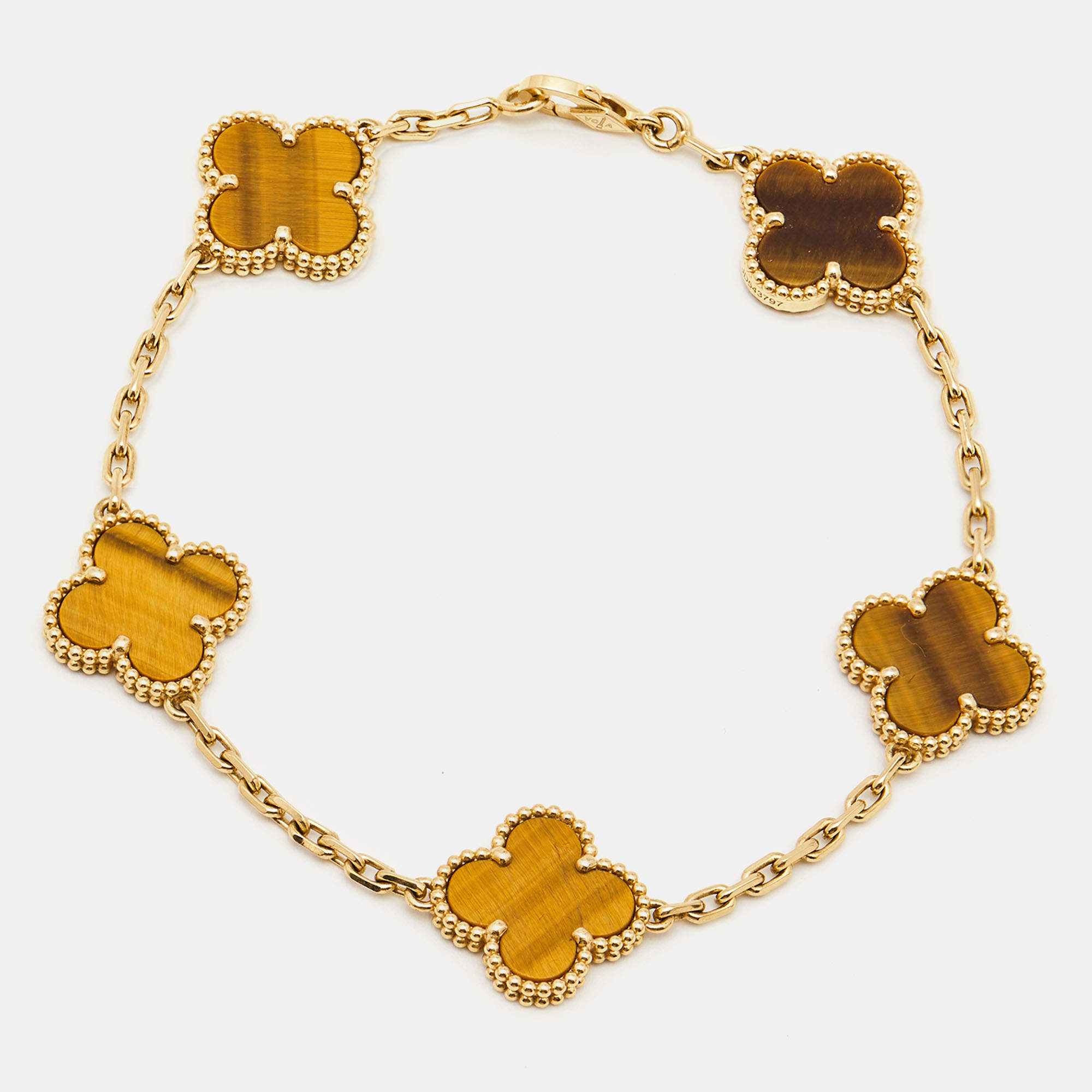 مملوكة مسبقًا Van Cleef & Arpels Vintage Alhambra Tiger's Eye 18k Yellow Gold 5 Motif Station Bracelet