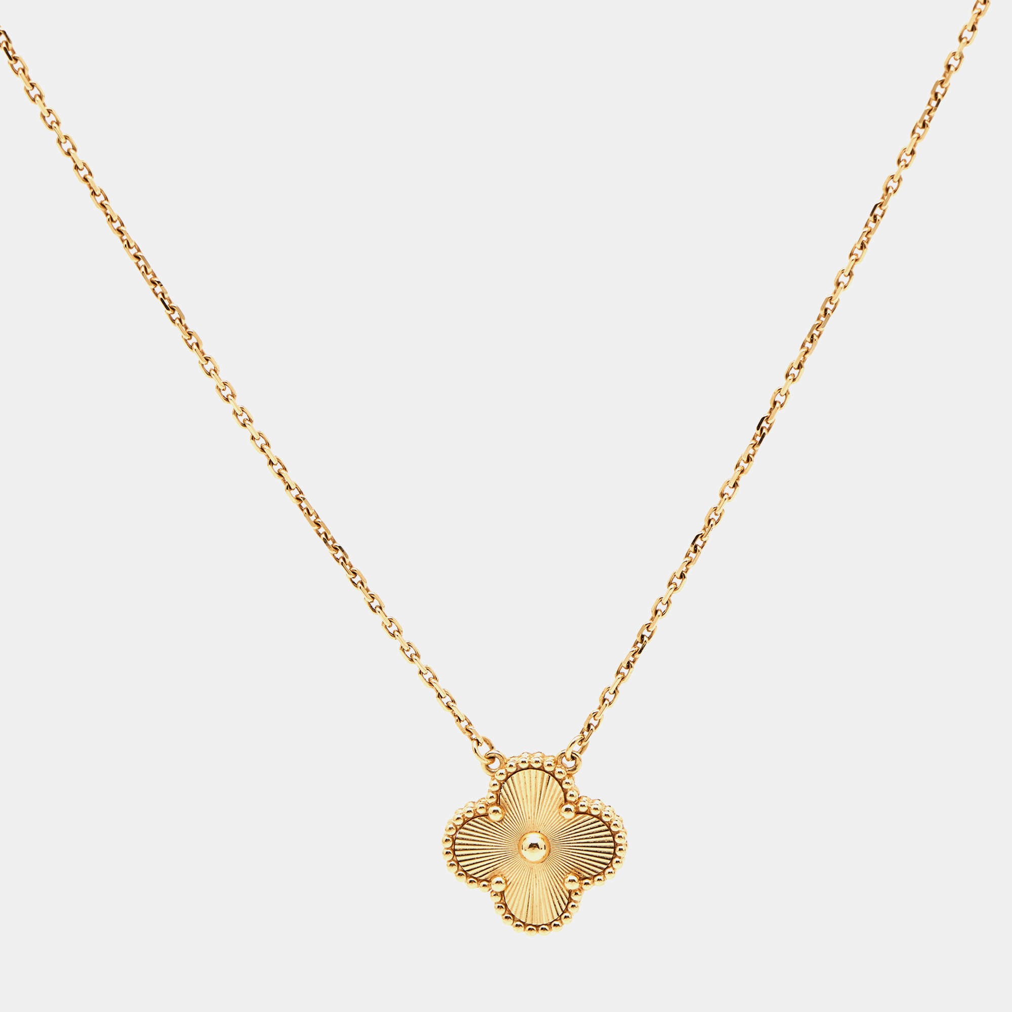 Pre Owned Van Cleef & Arpels Vintage Alhambra Guilloché 18k Yellow Gold Pendant Necklace