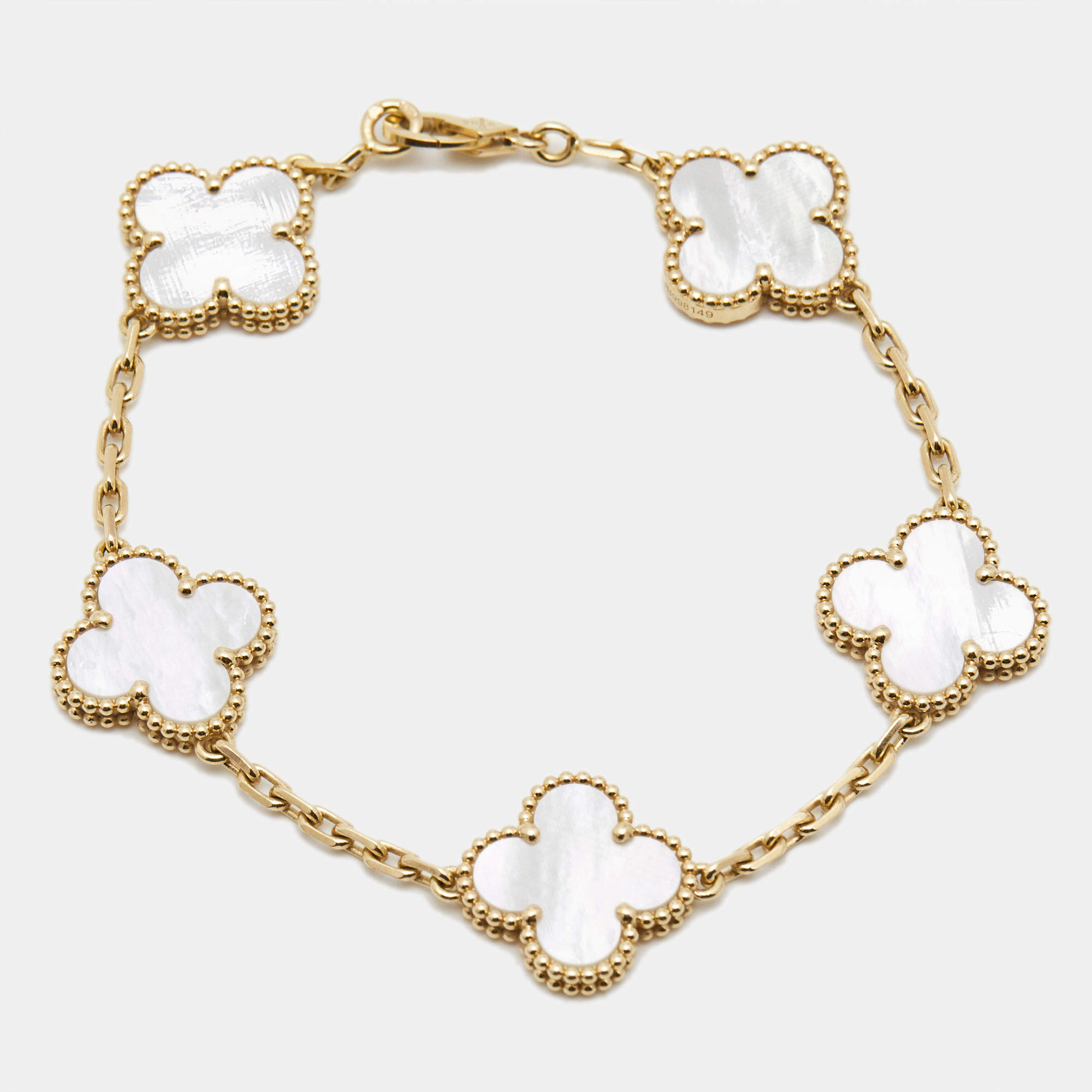 Pre Owned Van Cleef & Arpels Vintage Alhambra Mother of Pearl 18k Yellow Gold 5 Motif Station Bracelet